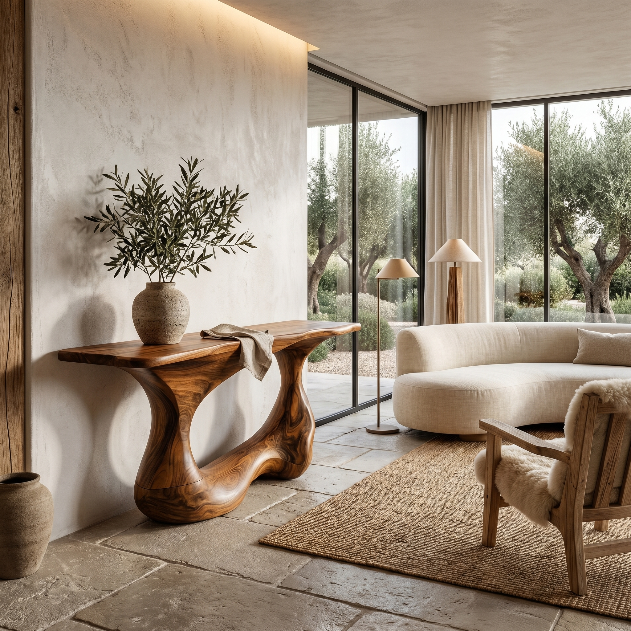Contemporary Console Table With Artistic Open Loop Solid Wood Base For Living Room