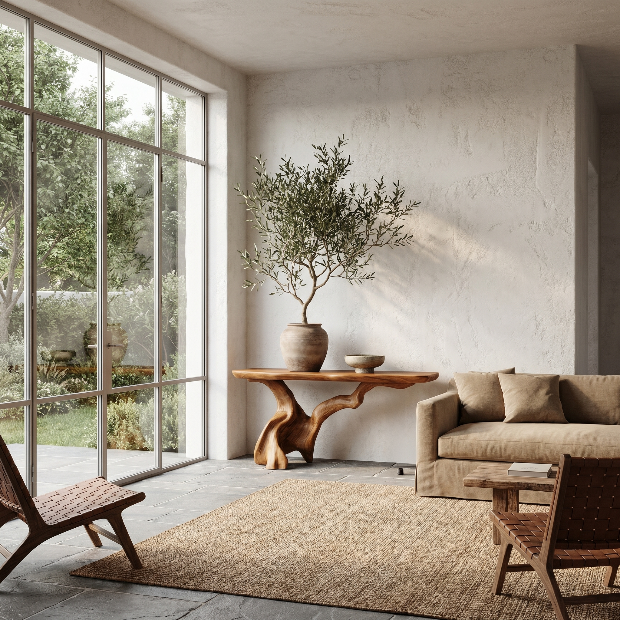 Organic Console Table With Sculptural Open Ring Wood Base For Entryway And Living Room