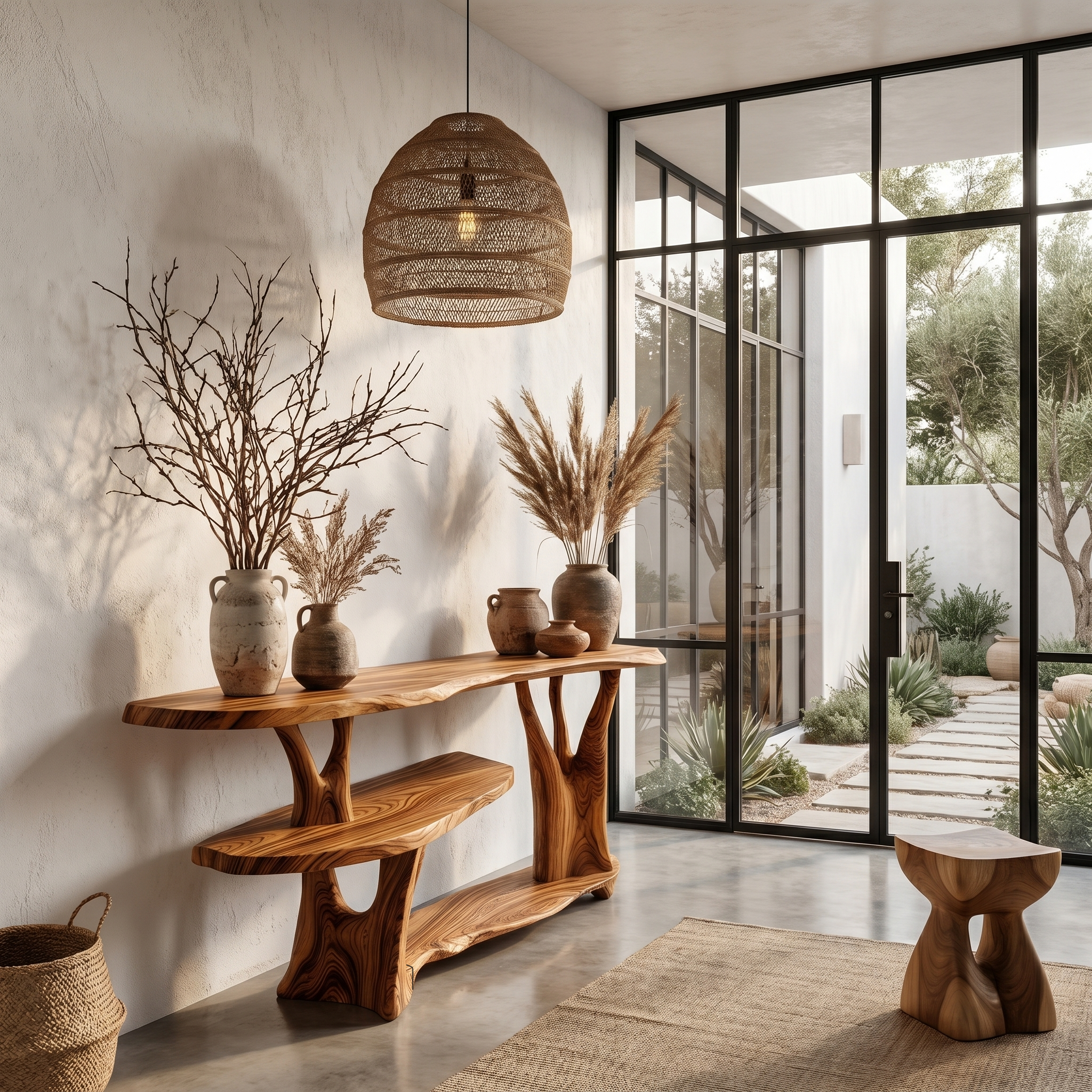 Organic Console Table With Sculptural Tree Root Base And Open Shelf Storage For Entryway And Living Room
