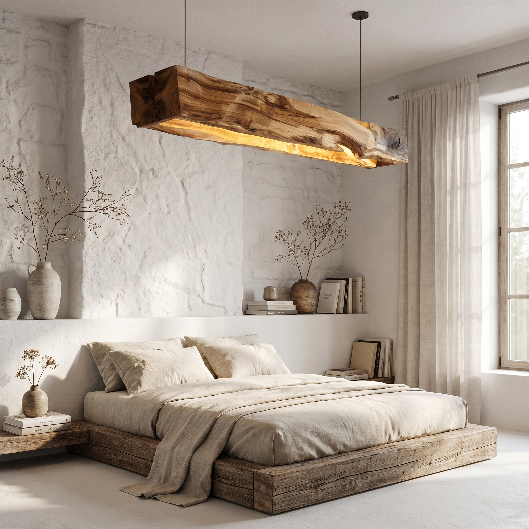 Organic Modern Pendant Light With Sculptural Wood Beam For Living Room And Kitchen