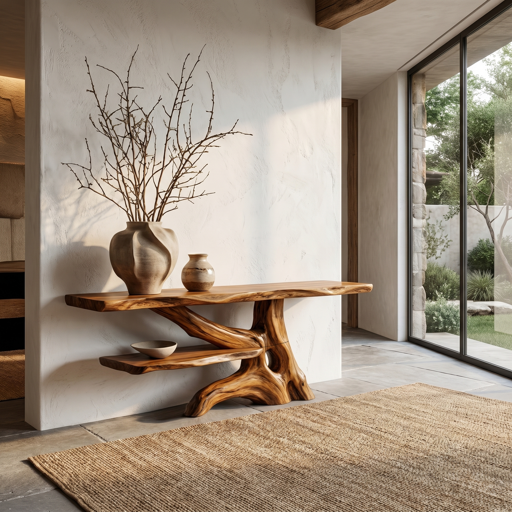 Contemporary Console Table With Sculptural Solid Wood Root Design For Entryway