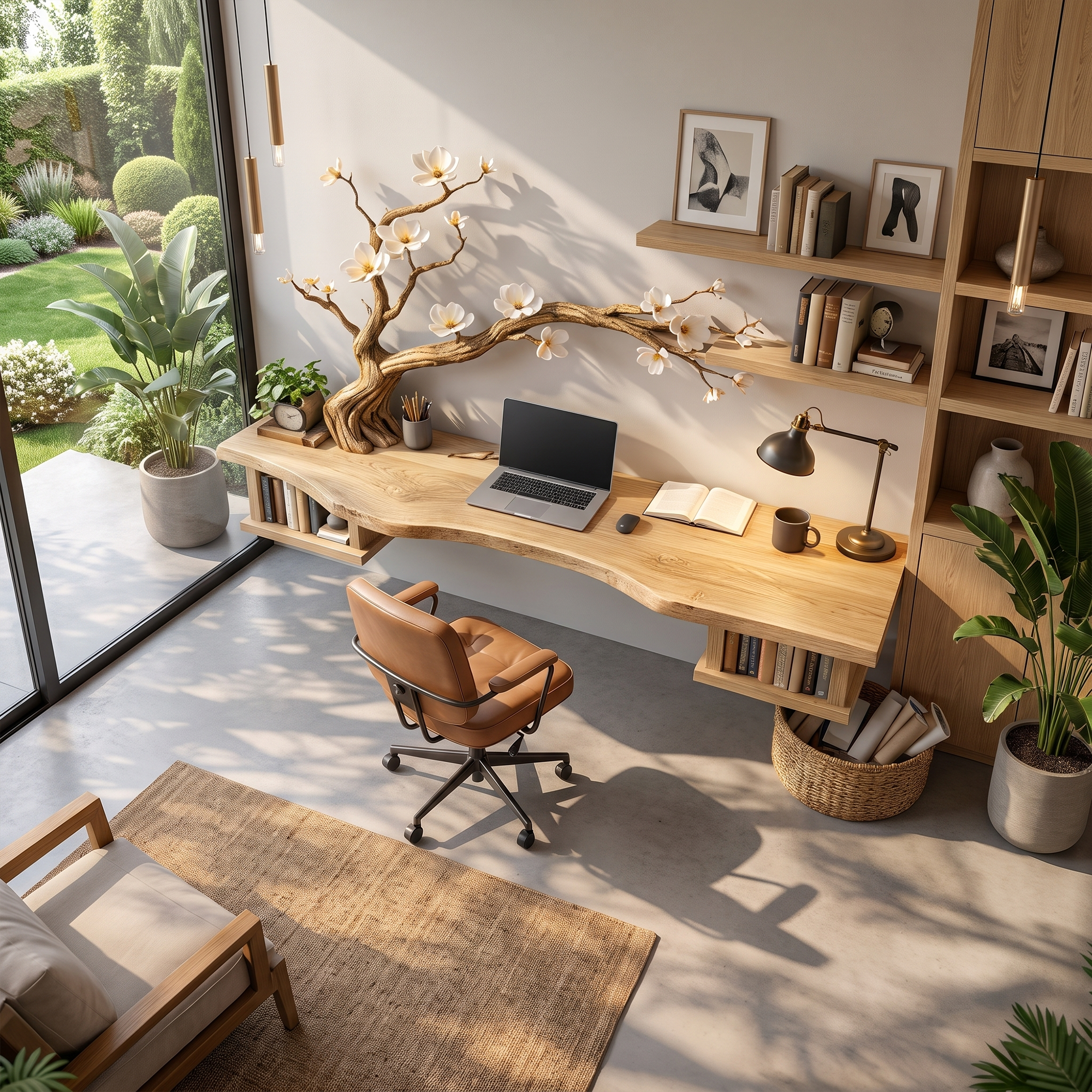 Organic Sculptural Floating Desk With Tree Branch Art For Home Office
