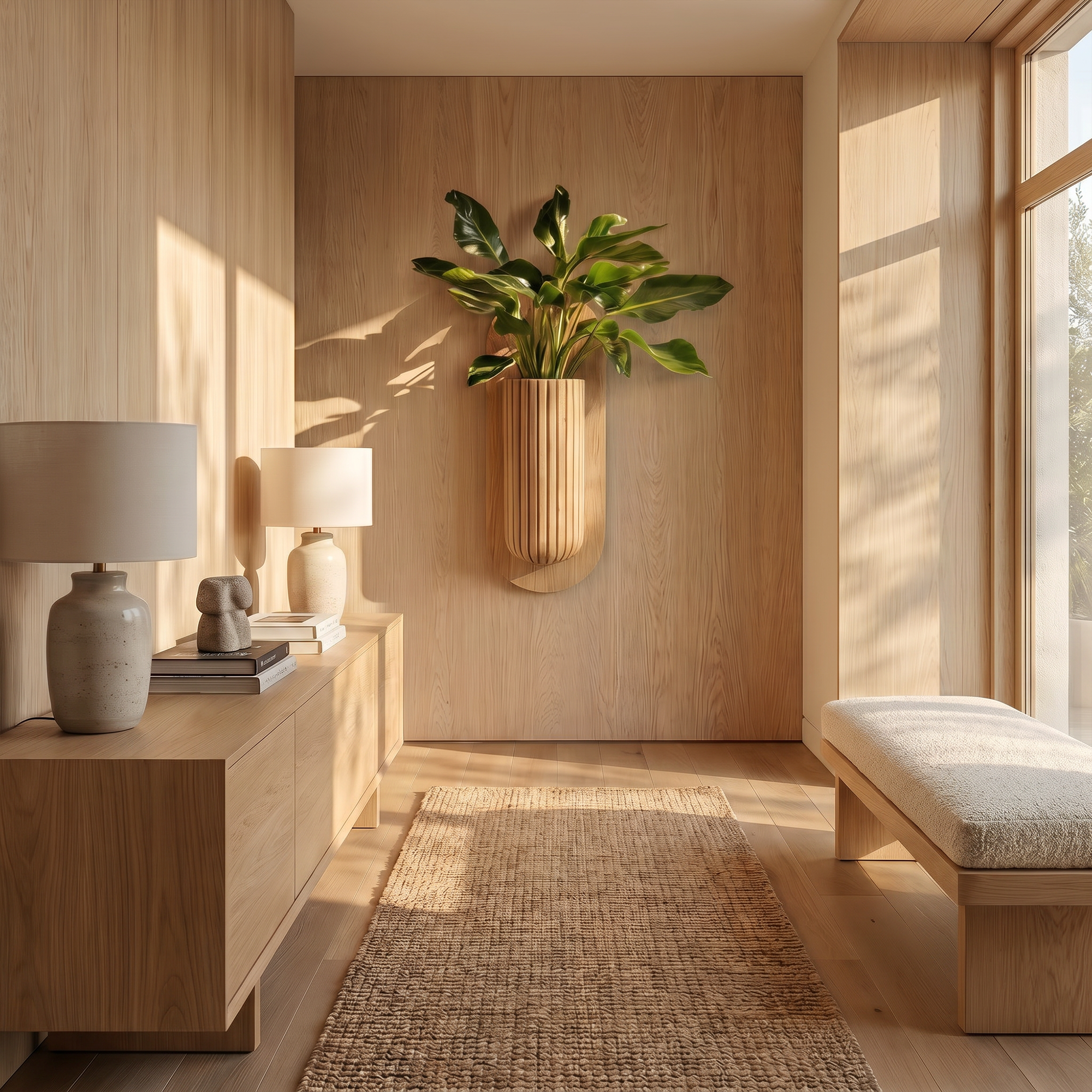 Minimalist Wood Wall Planter With Solid Wood Display Vessel For Plants
