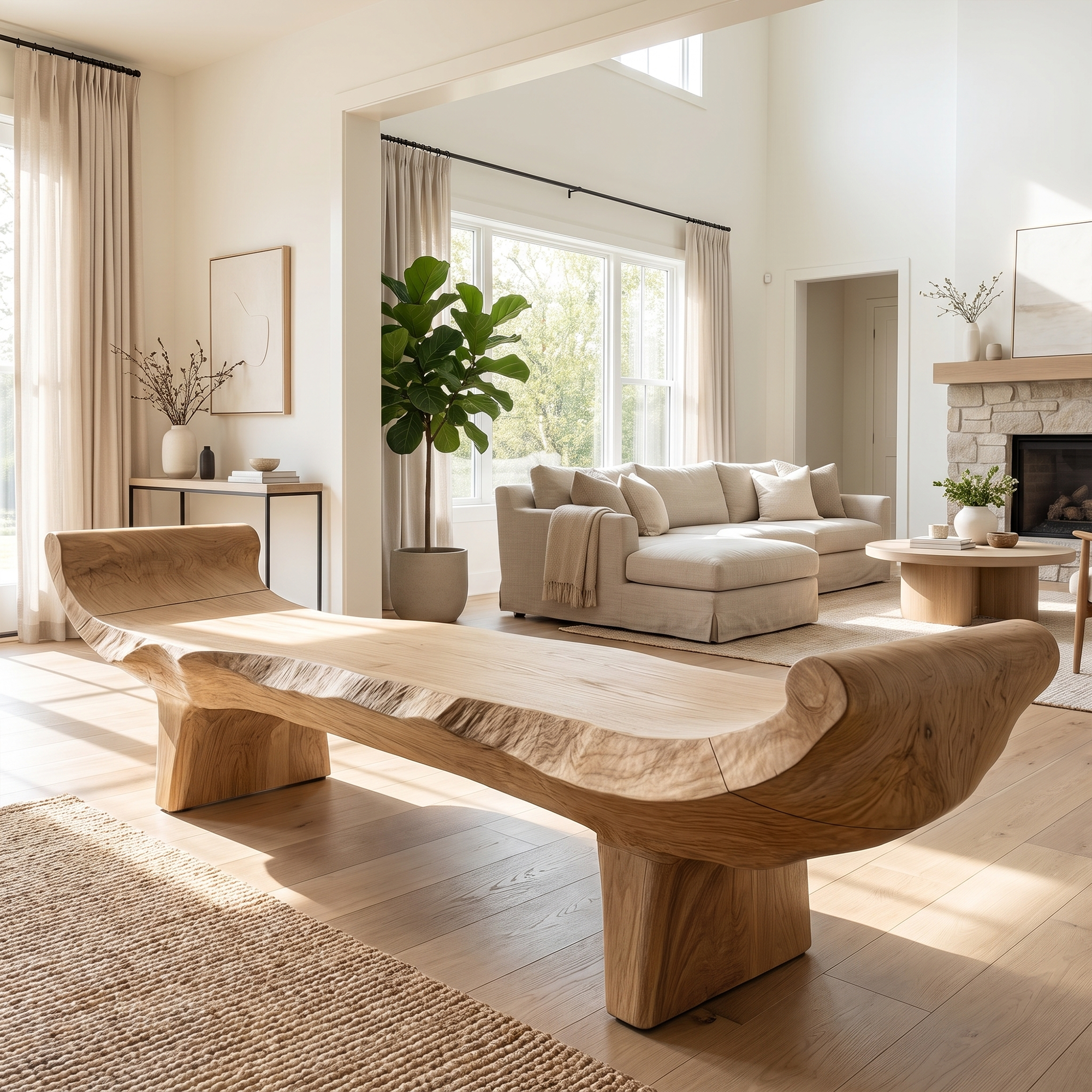 Minimalist Console Table With Sculptural Wood Base For Entryway