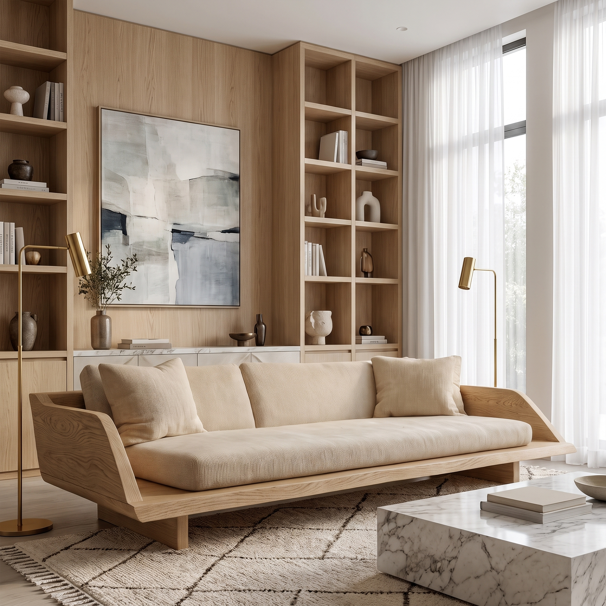 Handcrafted Sofa Frame With Sculptural Wooden Base For Living Room