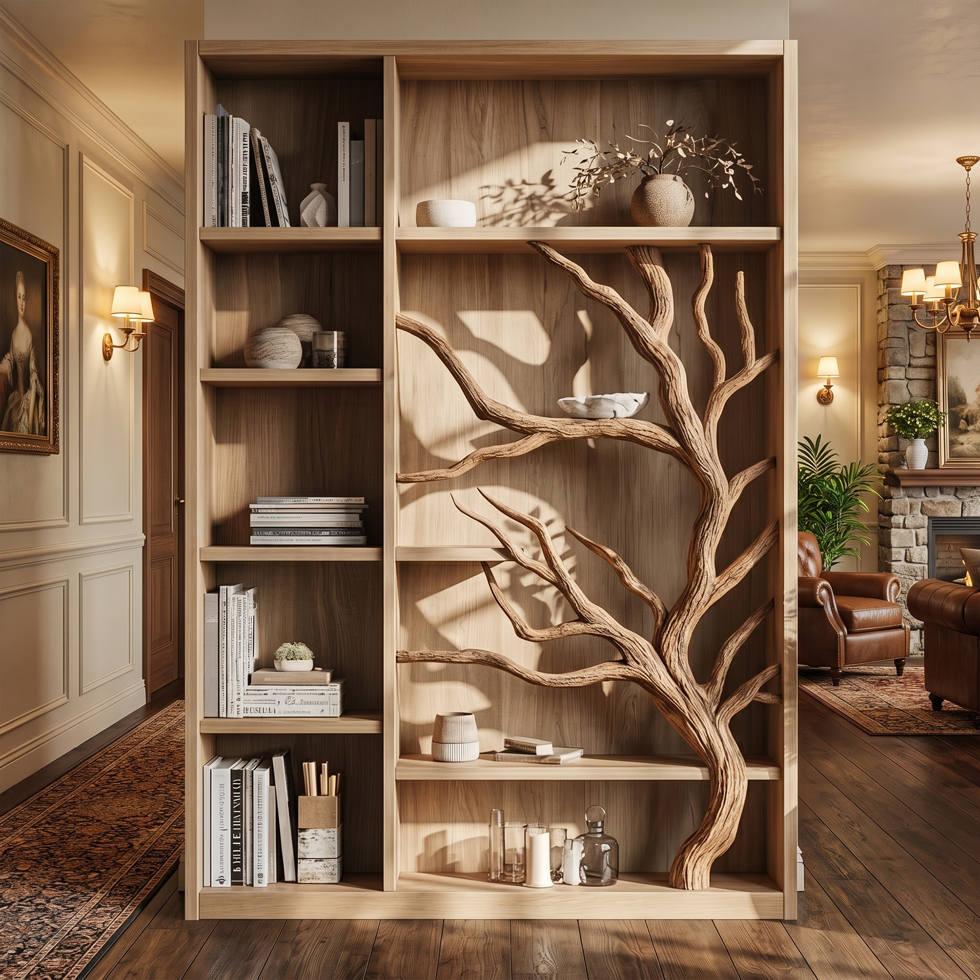 Tree Bookcase Cabinet With Open Display Shelves For Living Room And Study