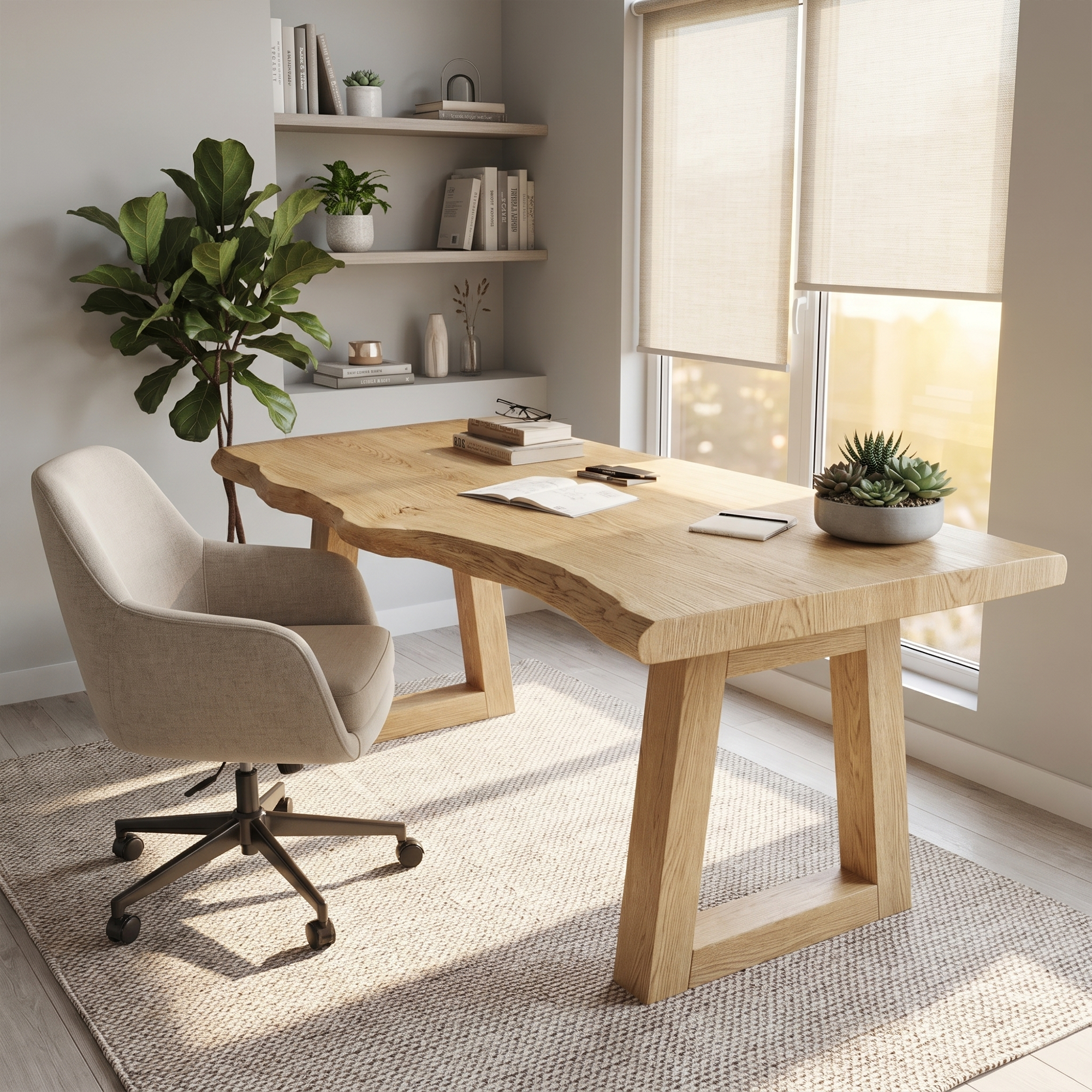 Modern Desk With Live Edge Solid Wood Top And Steel Base For Workspace
