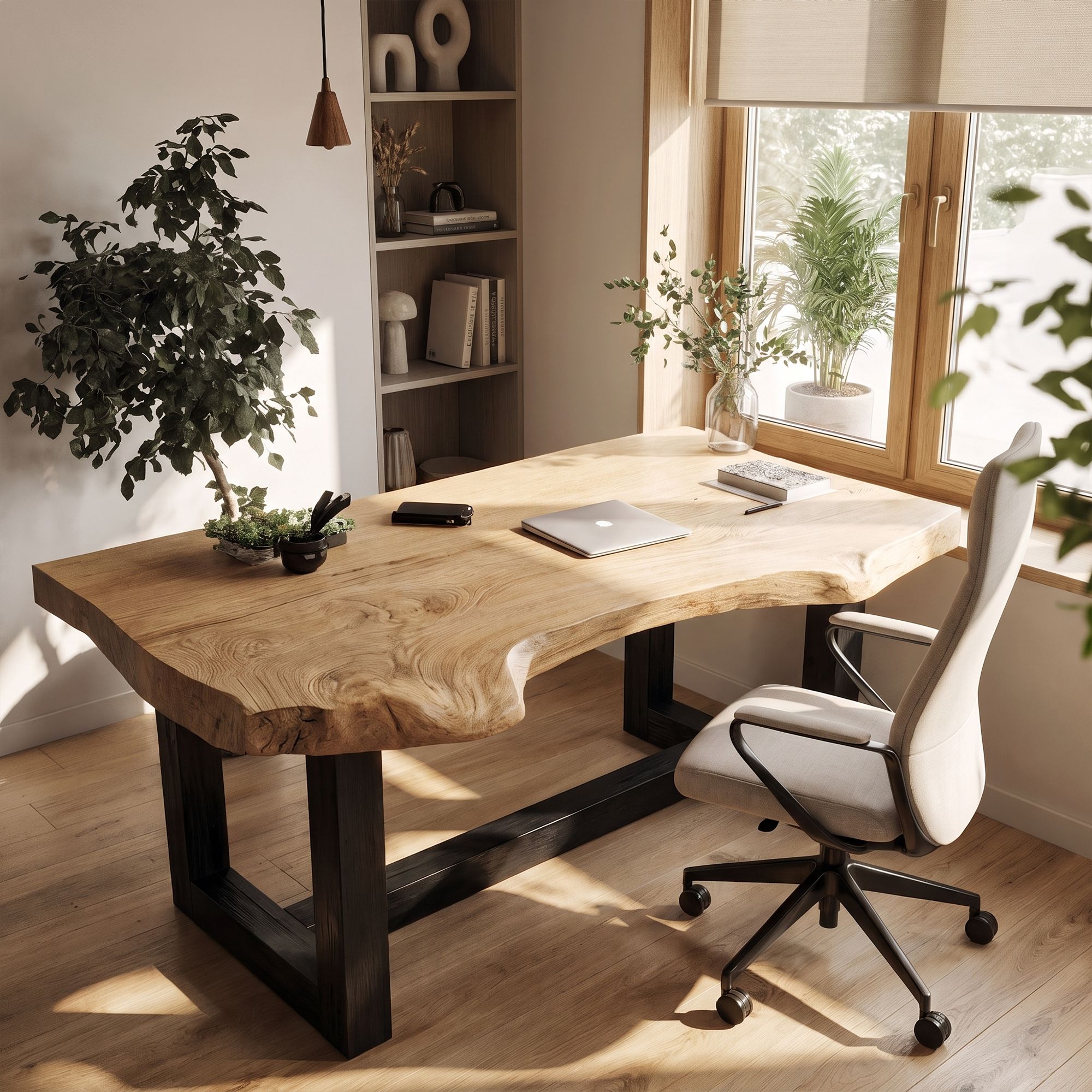 Minimal Desk With Live Edge Wooden Top For Home Office