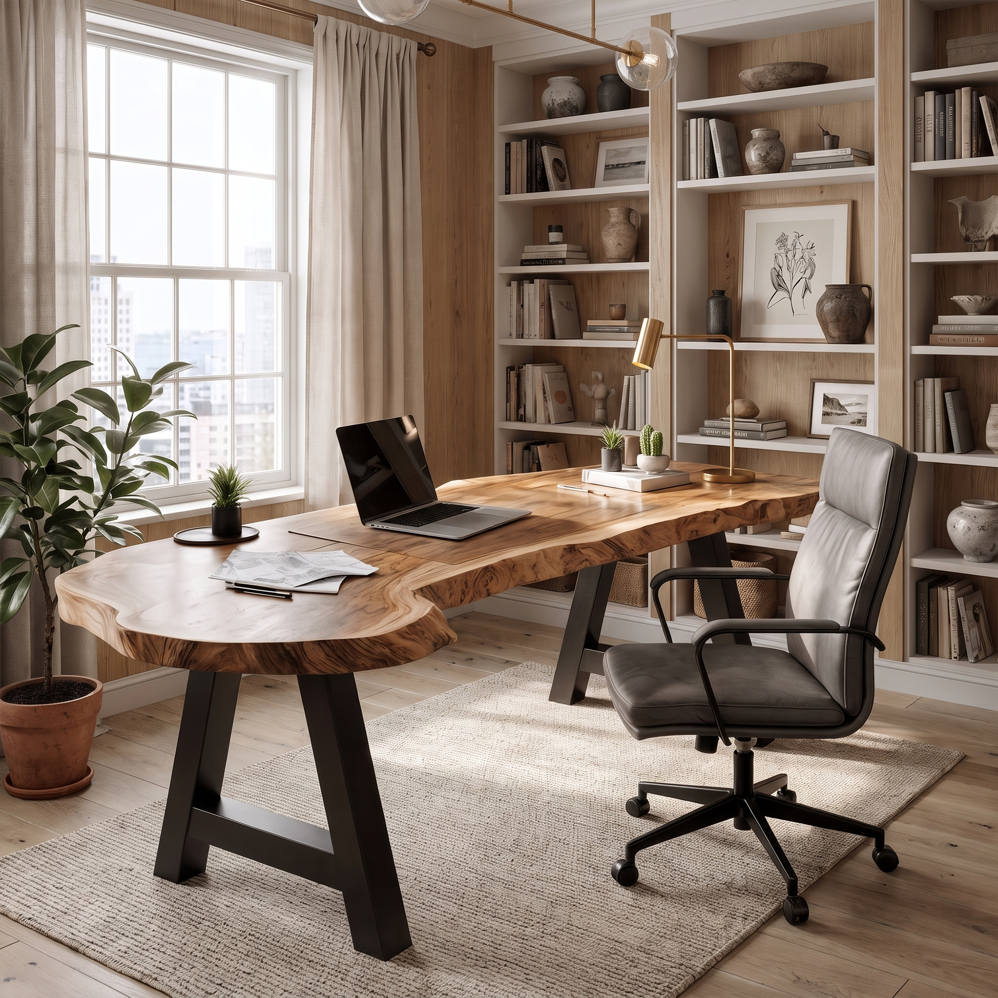 Rustic Writing Desk With Live Edge Wood Top And Metal Legs For Home Office