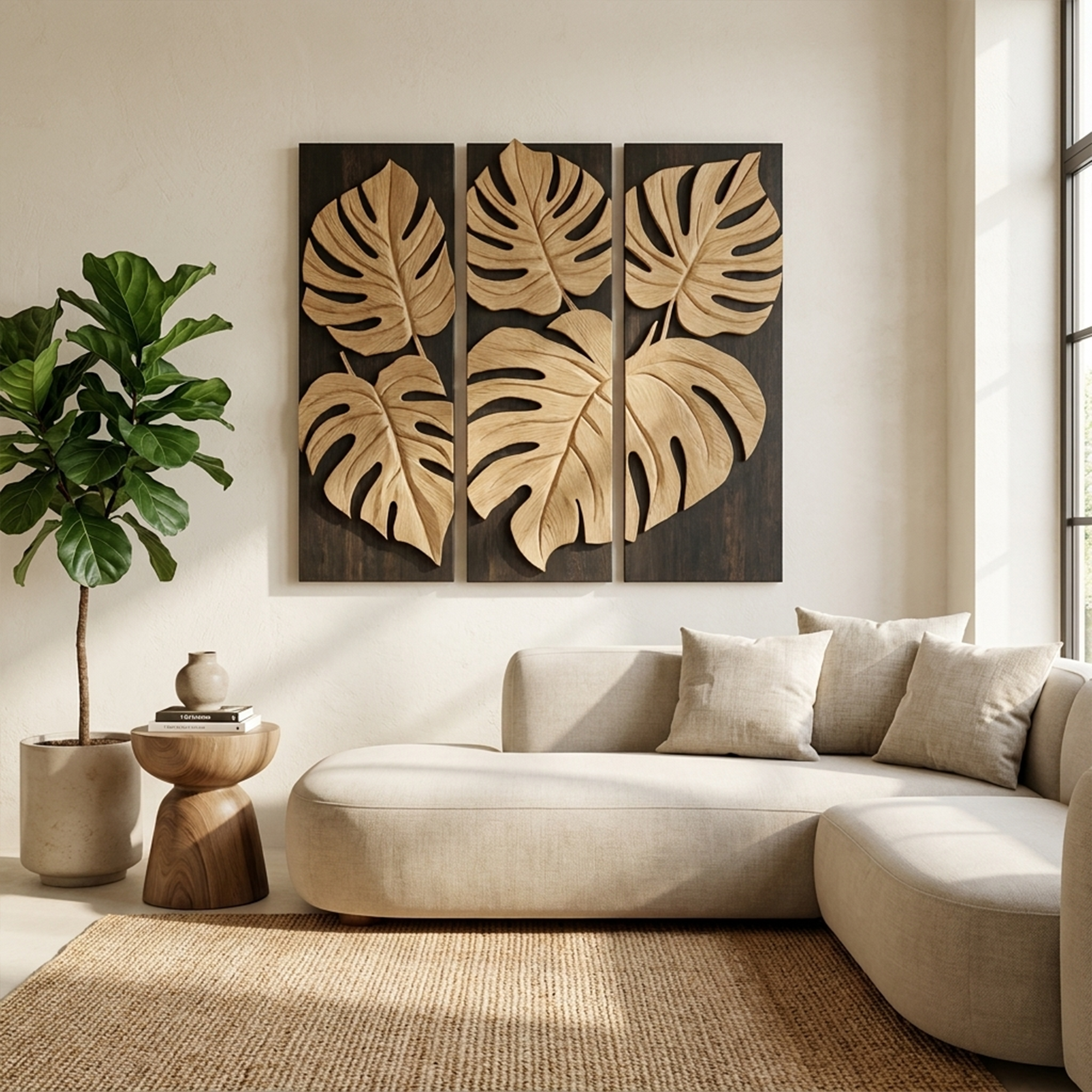 Carved Monstera Leaf Solid Wood Wall Art Triptych Statement Decor