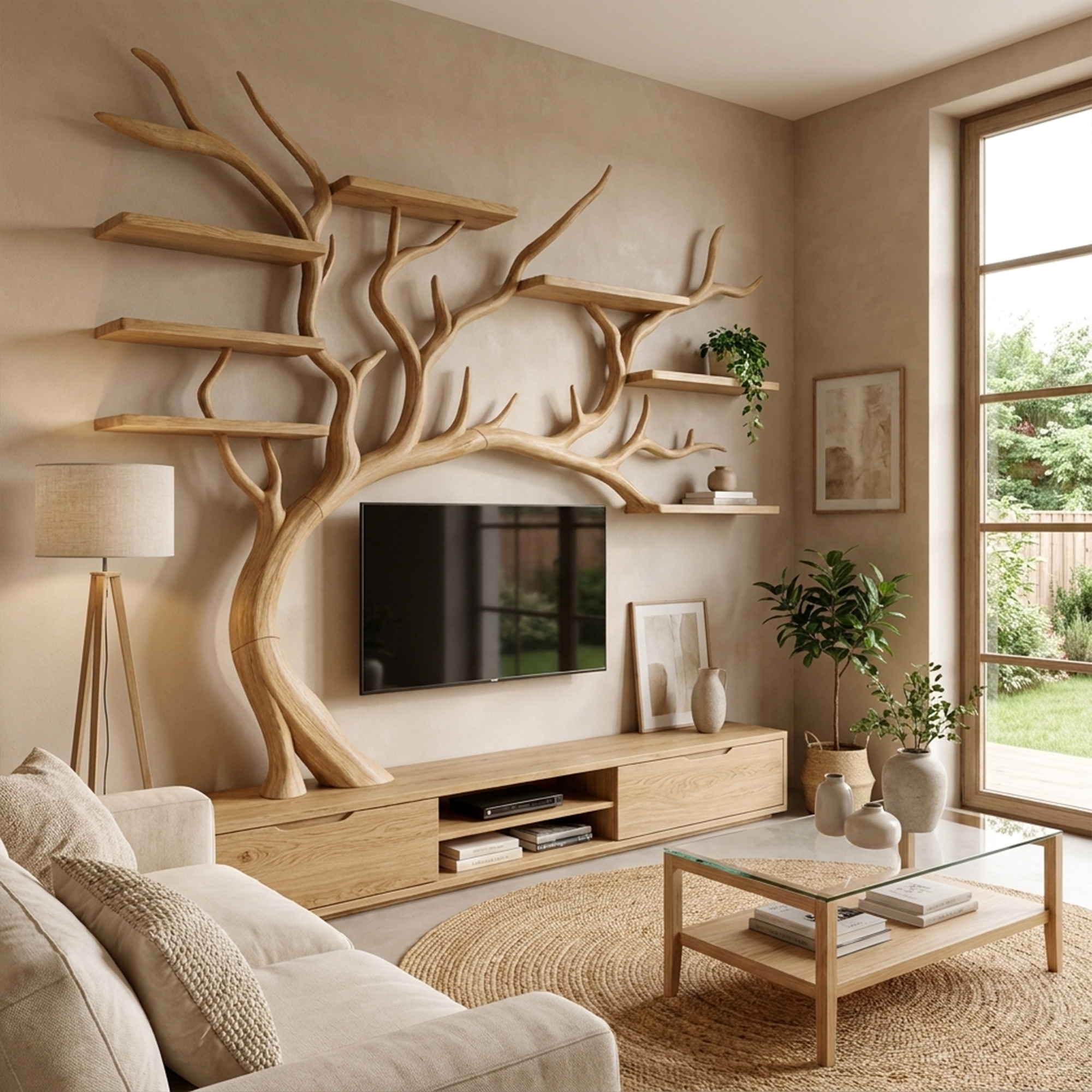 Nature Inspired Tree TV Wall Shelf For Living Room Media Storage And Decor