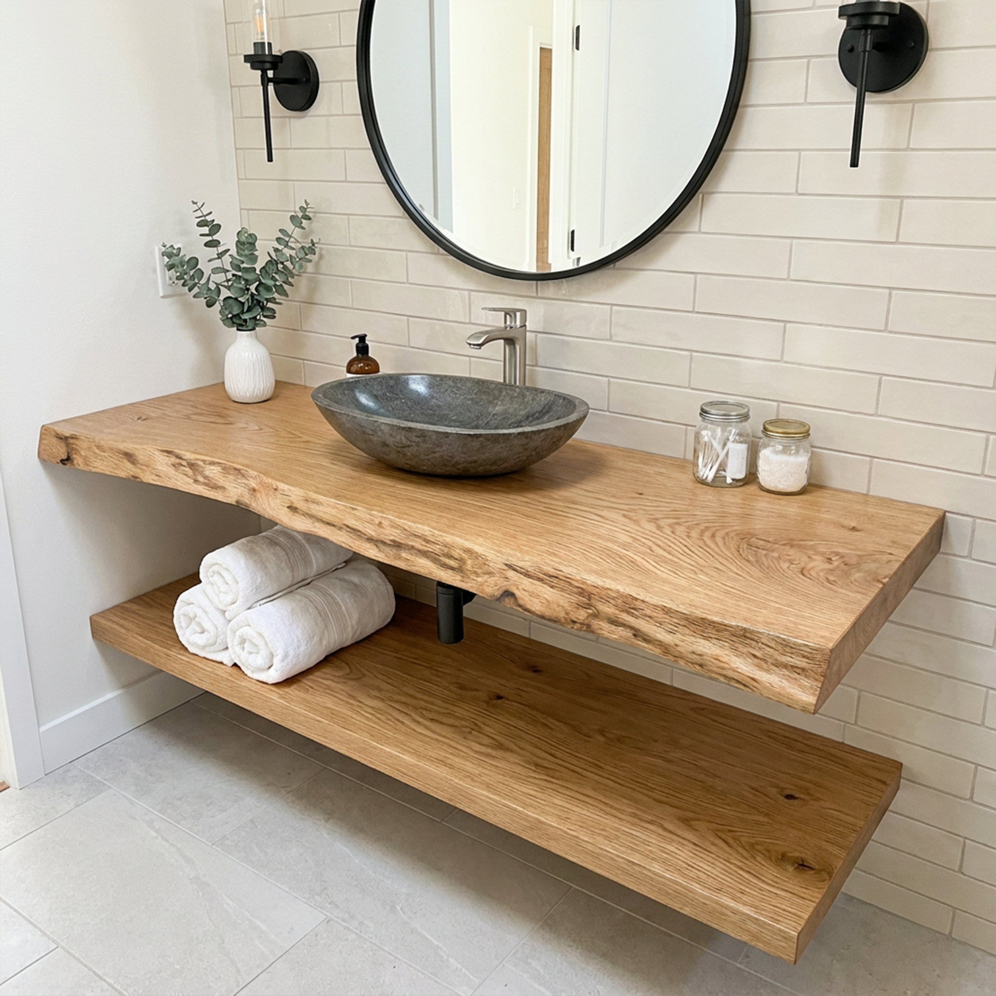Mid Century Bathroom Vanity Shelf Curved Edge Wood Bathroom Look