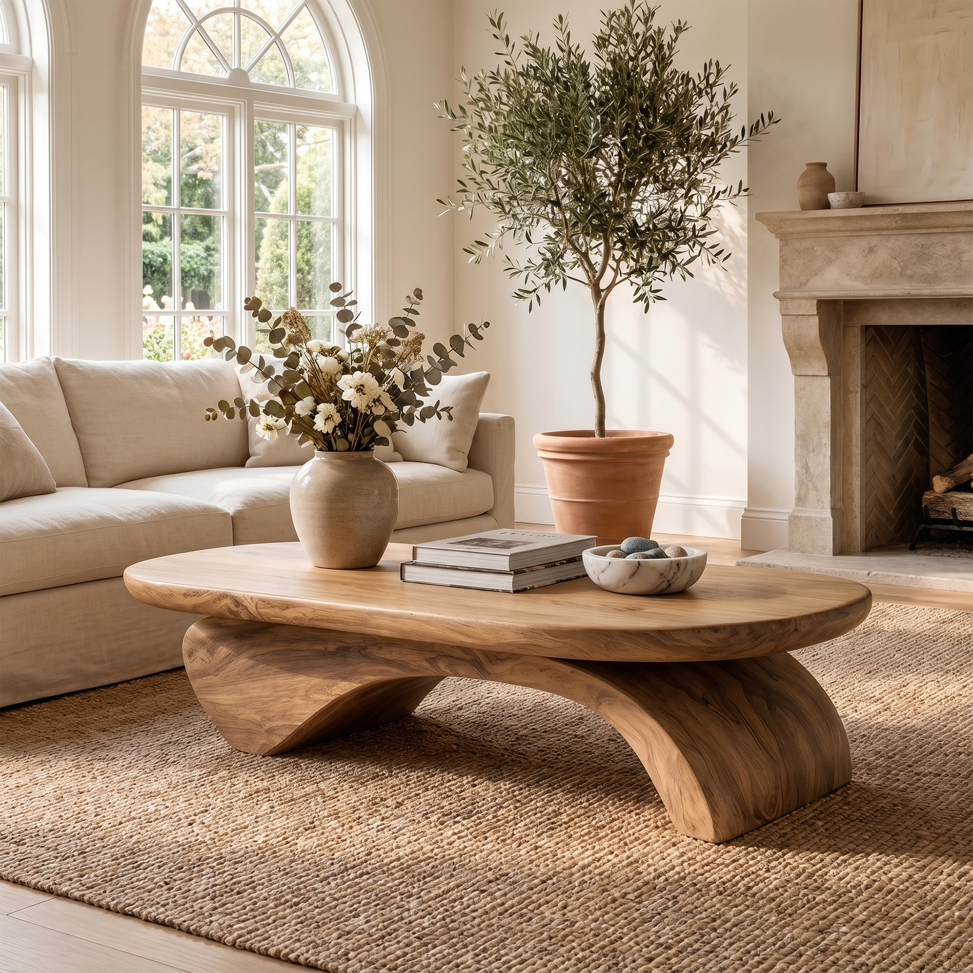 Rustic Live Edge Coffee Table With Artistic Curved Wood Pedestal For Living Room