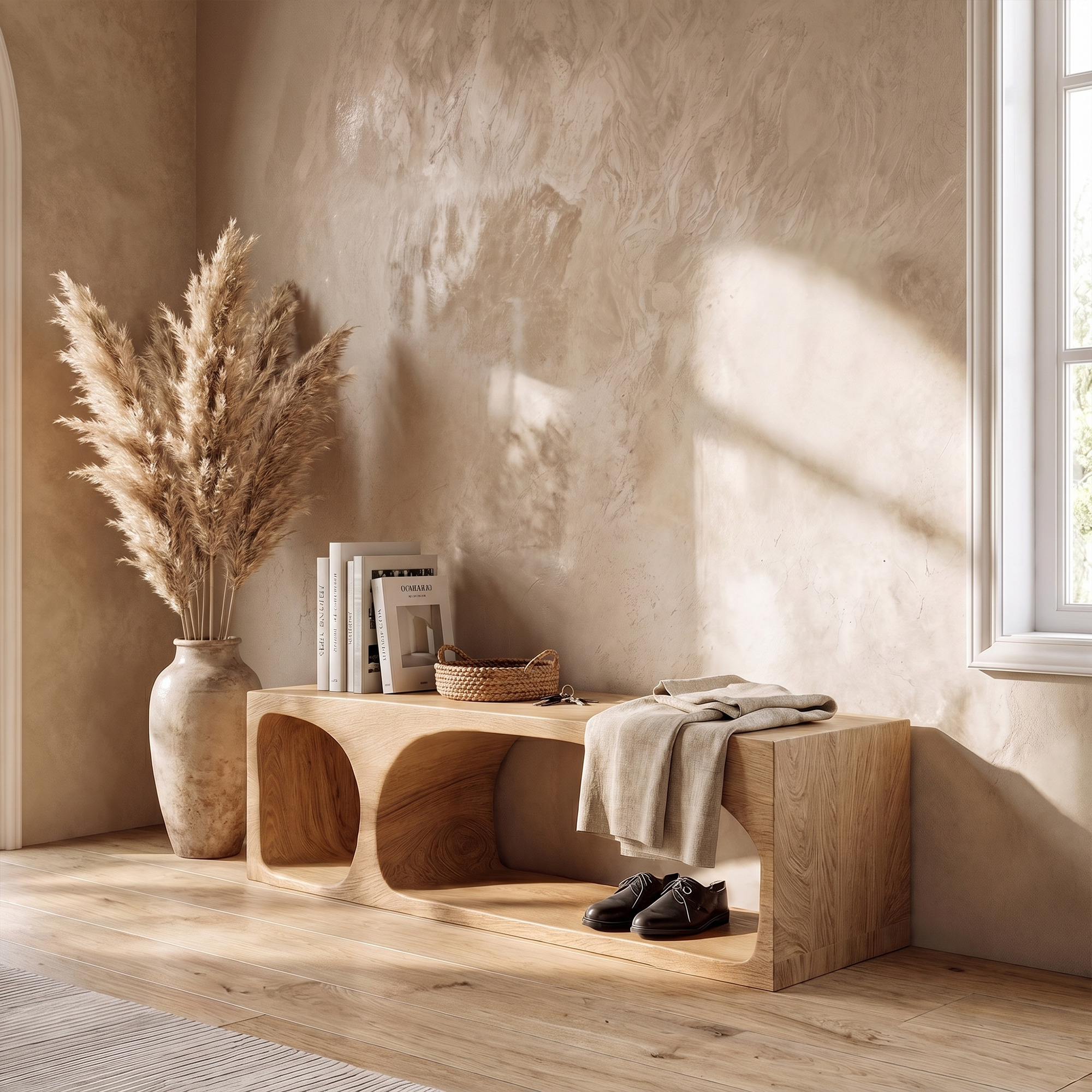 Organic Wooden Shoe Bench For Entryway And Hallway