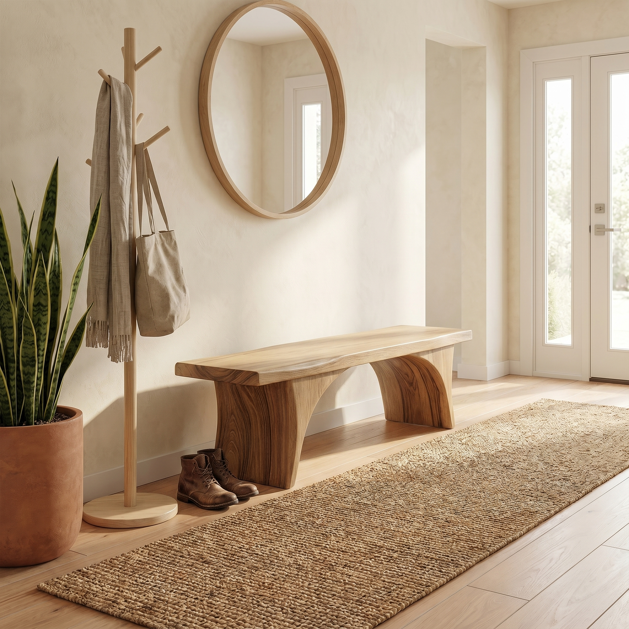 Organic Sculptural Bench With Curved Open Storage Base For Entryway And Living Room