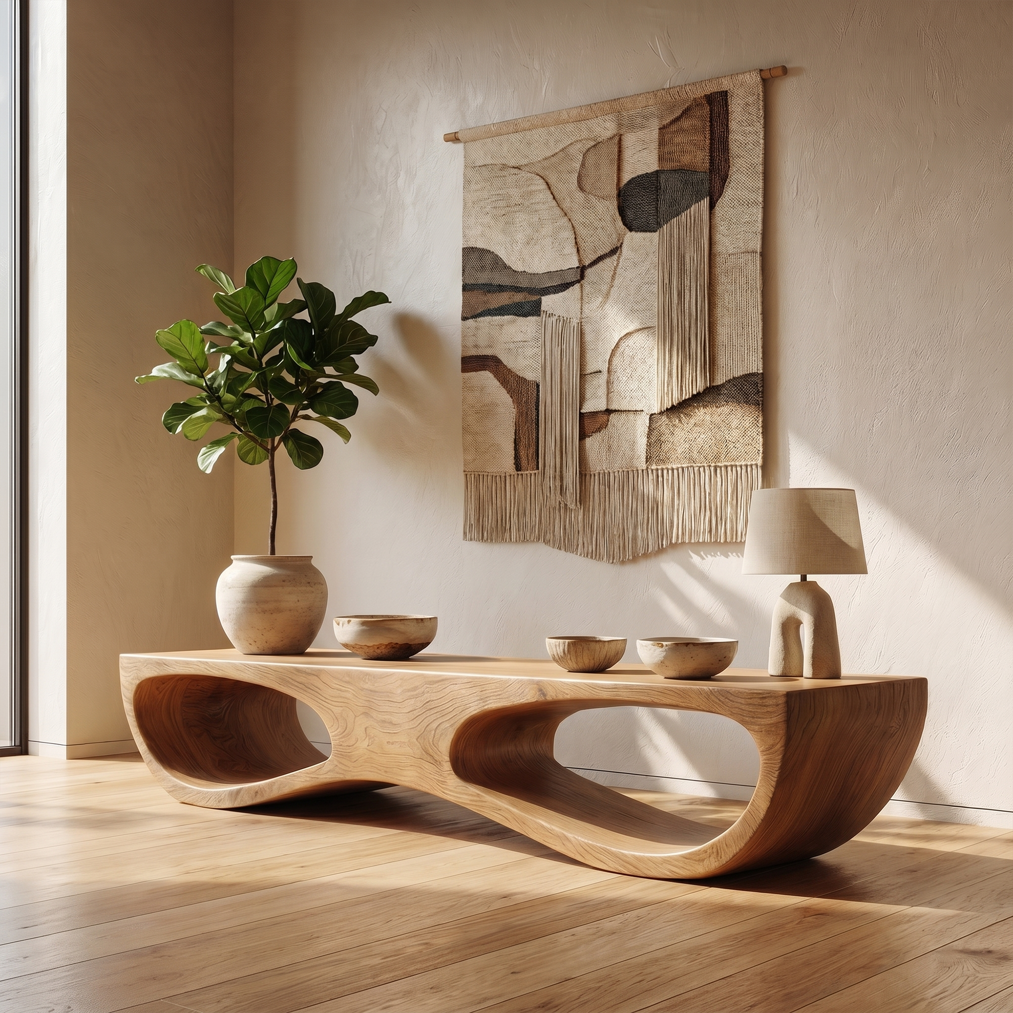 Sculptural Organic Wooden Bench For Entryway Hallway And Living Room