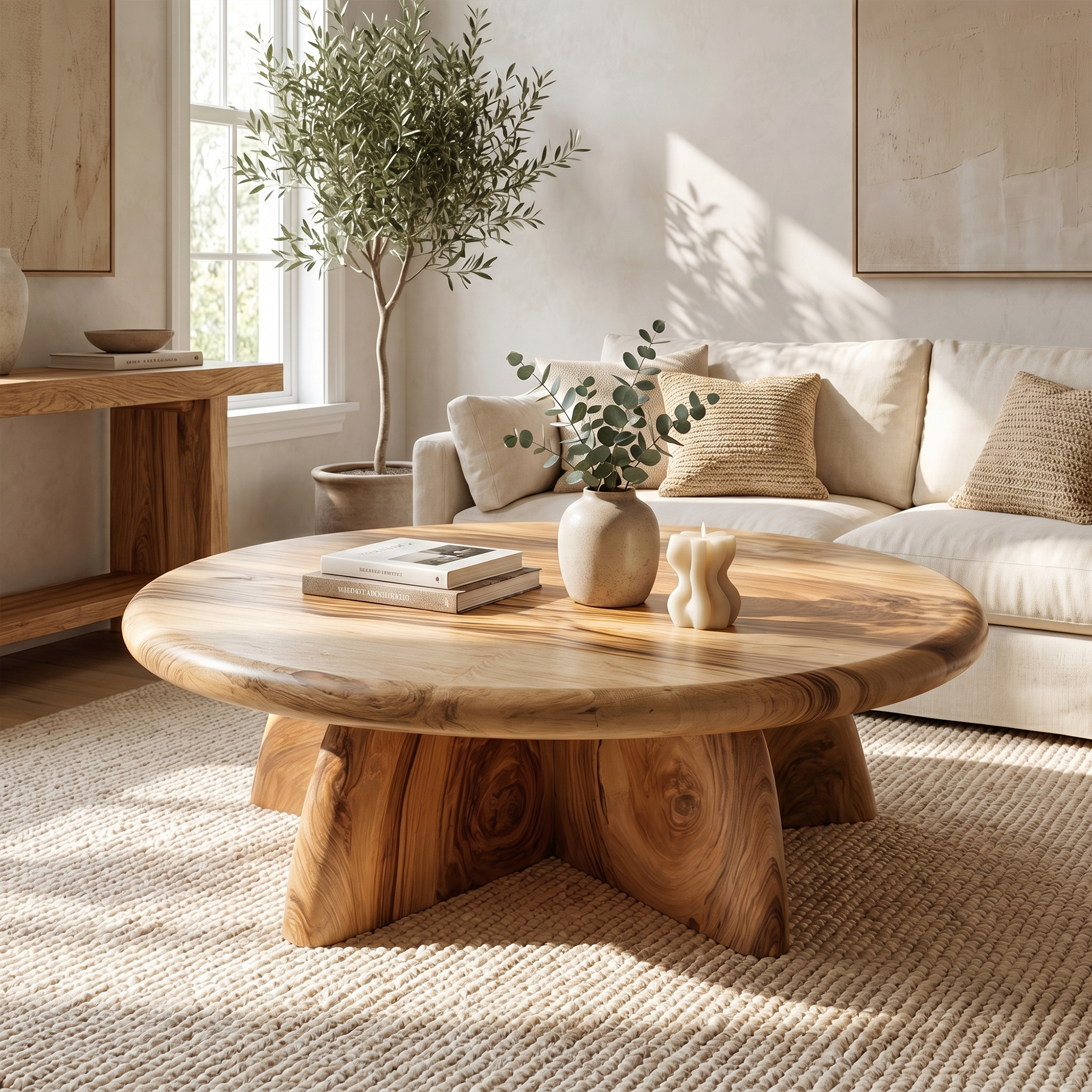 Rustic Coffee Table With Solid Wood Stump Base For Living Room
