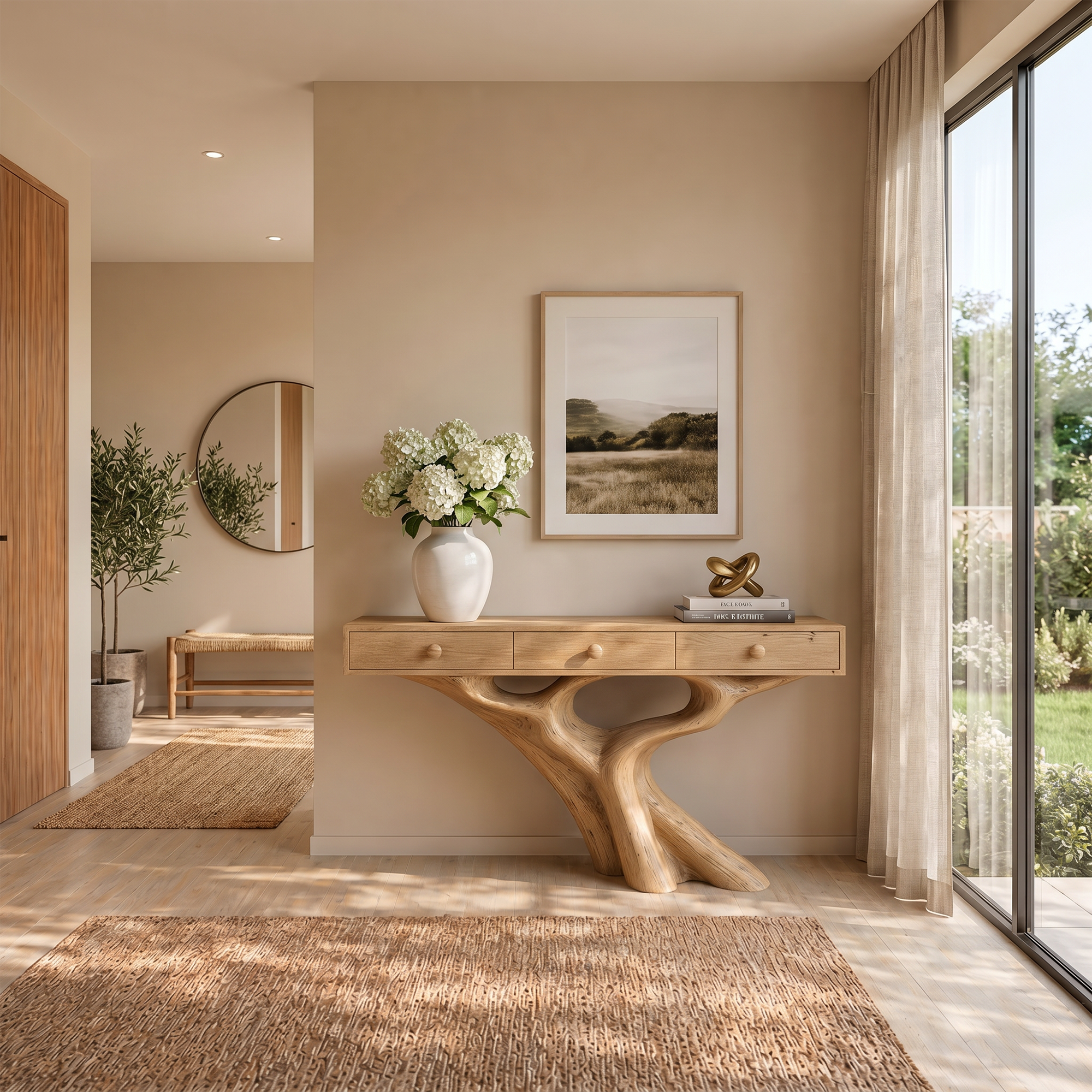 Organic Console Table With Built In Storage Cabinet And Sculptural Curved Wood Base For Entryway And Living Room