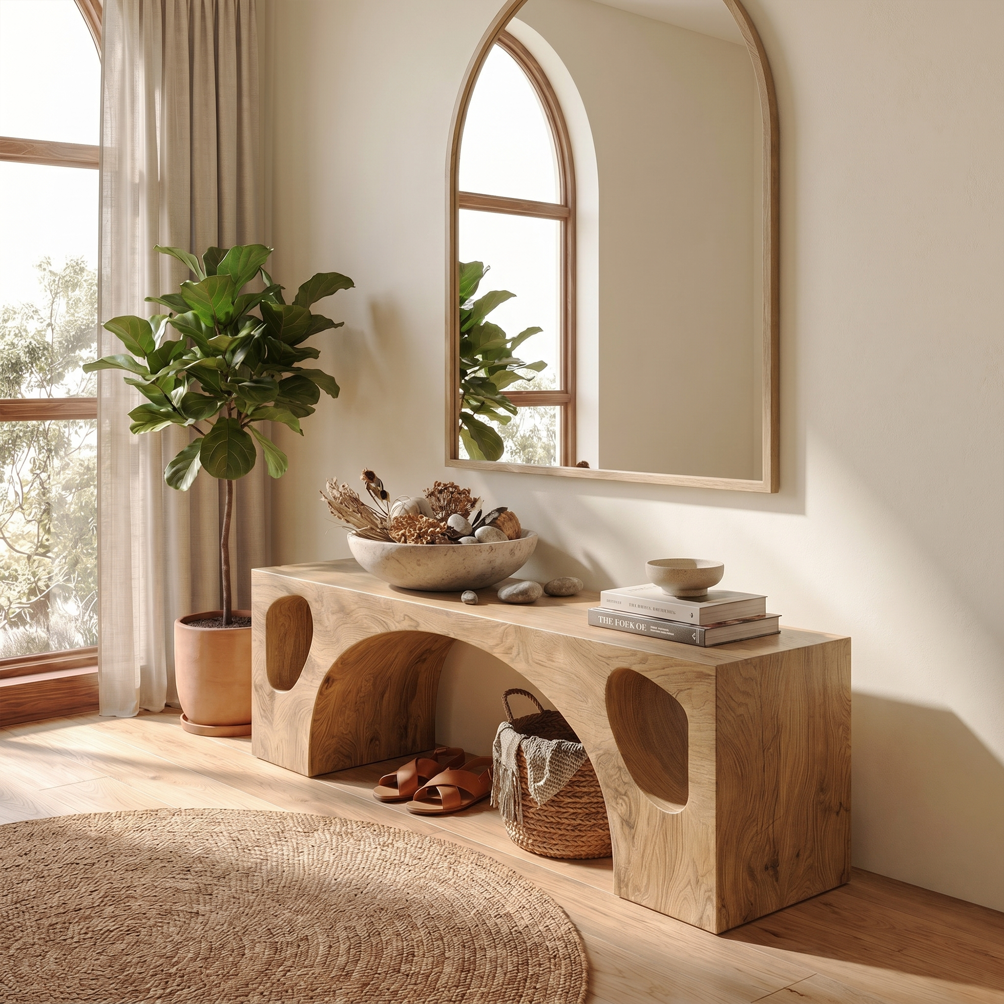 Modern Organic Bench With Sculptural Arch Base For Entryway