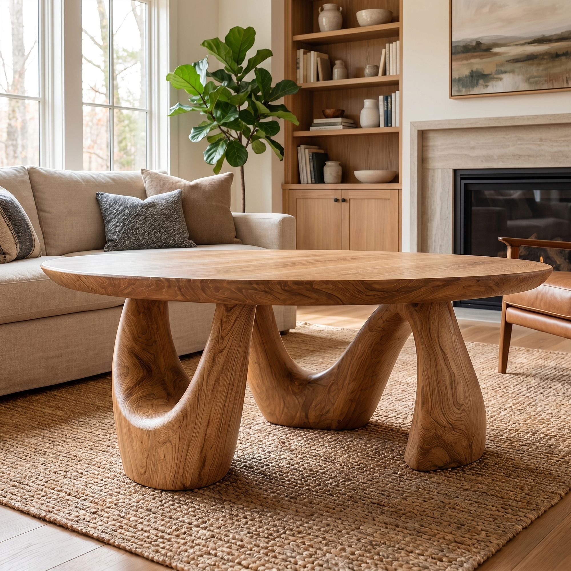 Organic Coffee Table With Freeform Live Edge Top And Sculptural Loop Wood Base For Living Room