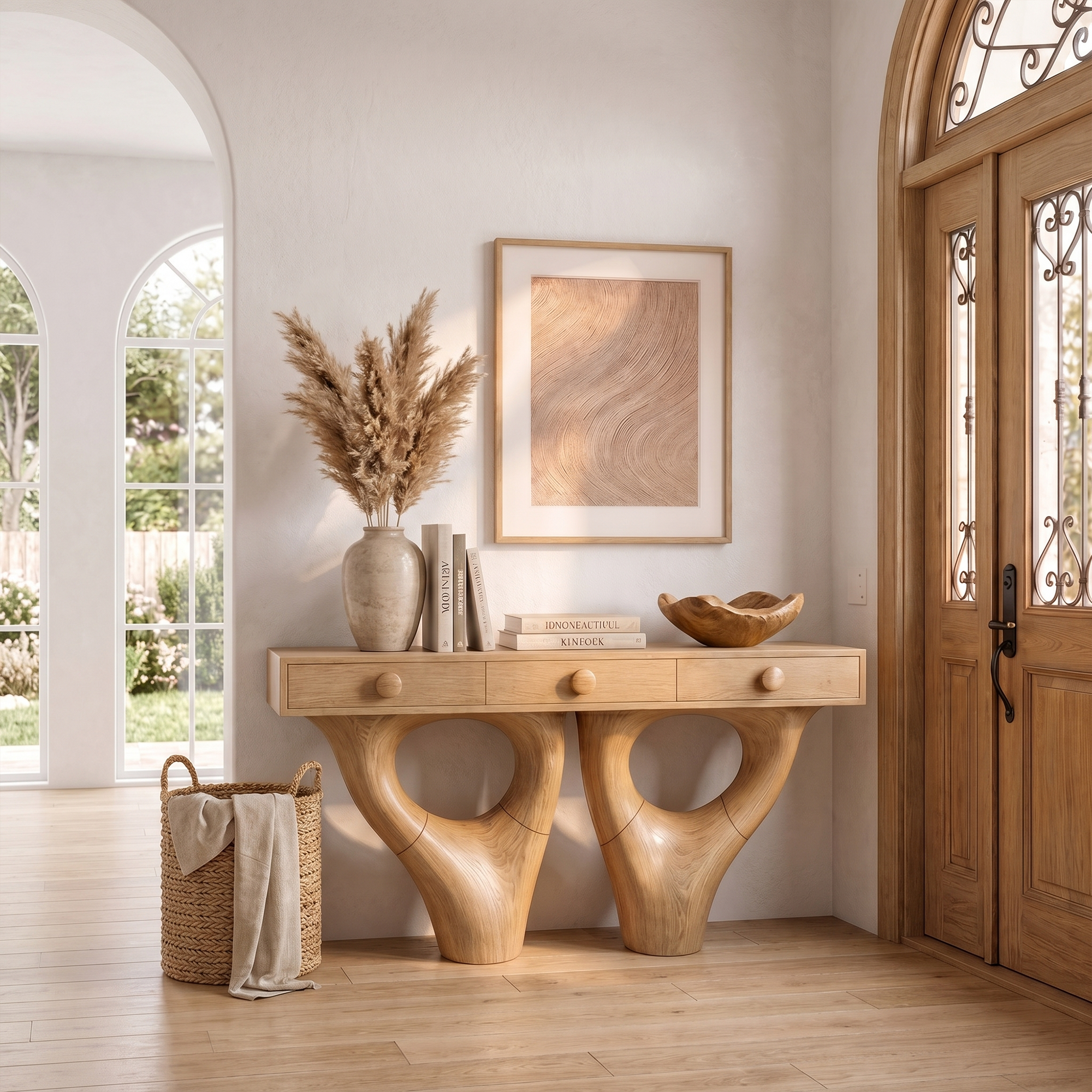 Rustic Console Table With Sculptural Double Pedestal Wood Base And Solid Wood Top For Entryway And Living Room