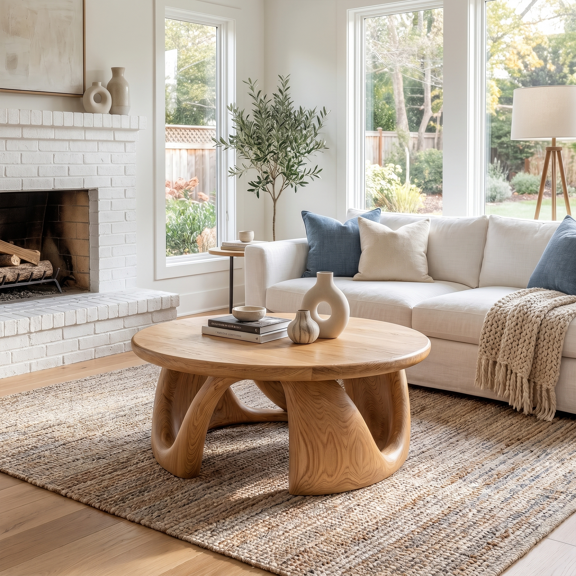 Organic Modern Coffee Table With Round Wood Top And Artistic Curved Base For Living Room