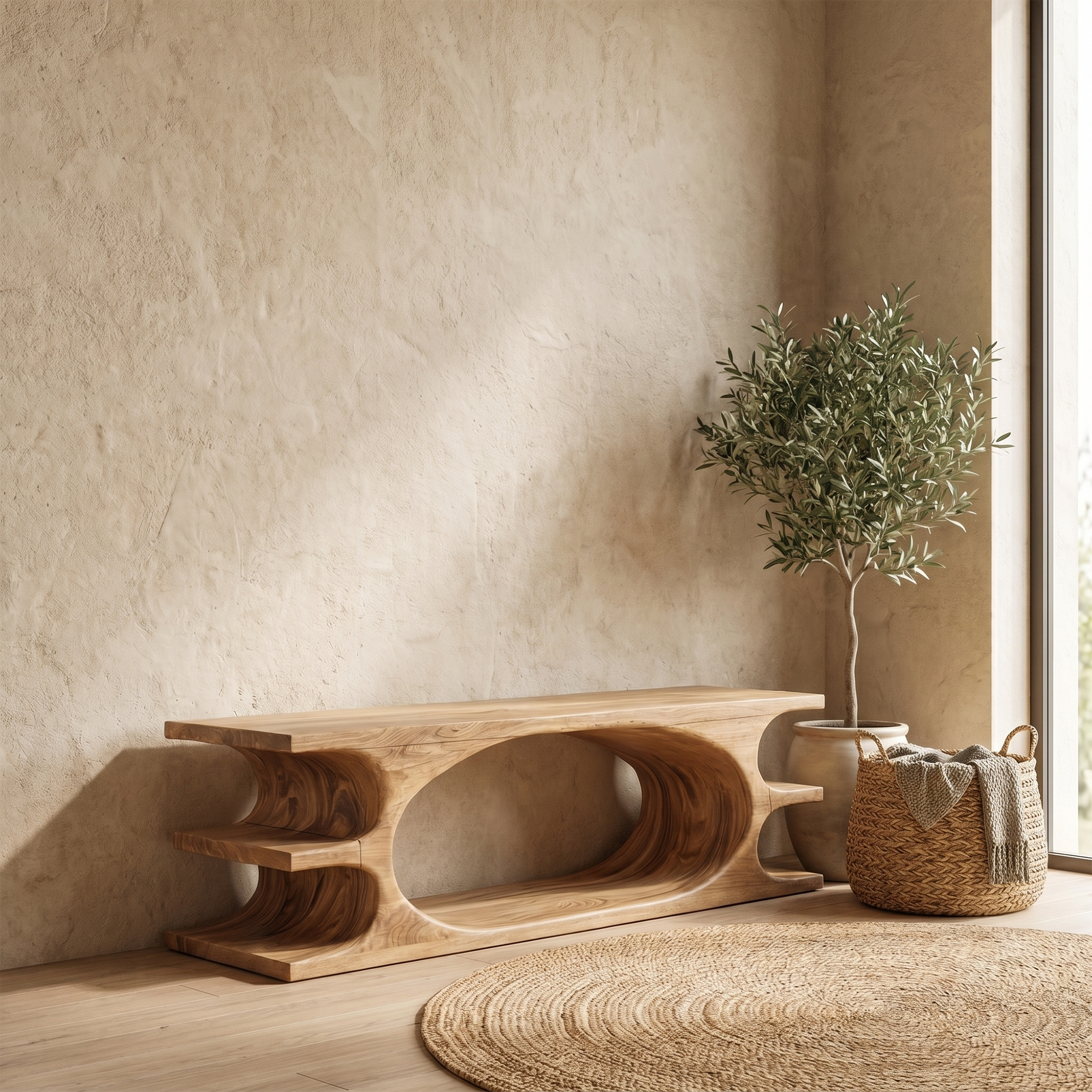 Organic Sculptural Wooden Bench With Flowing Curved Base For Living Room And Entryway