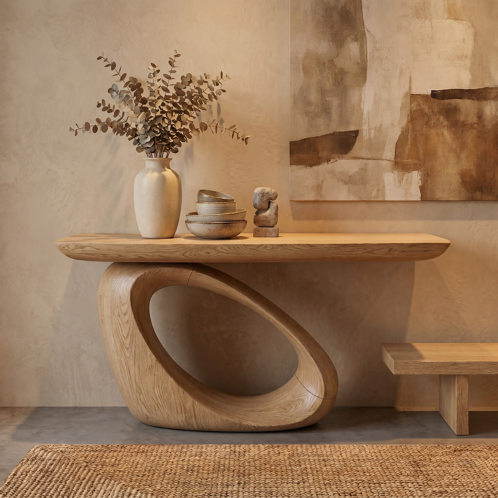 Modern Organic Console Table With Sculptural Loop Pedestal Wood Base For Entryway And Living Room