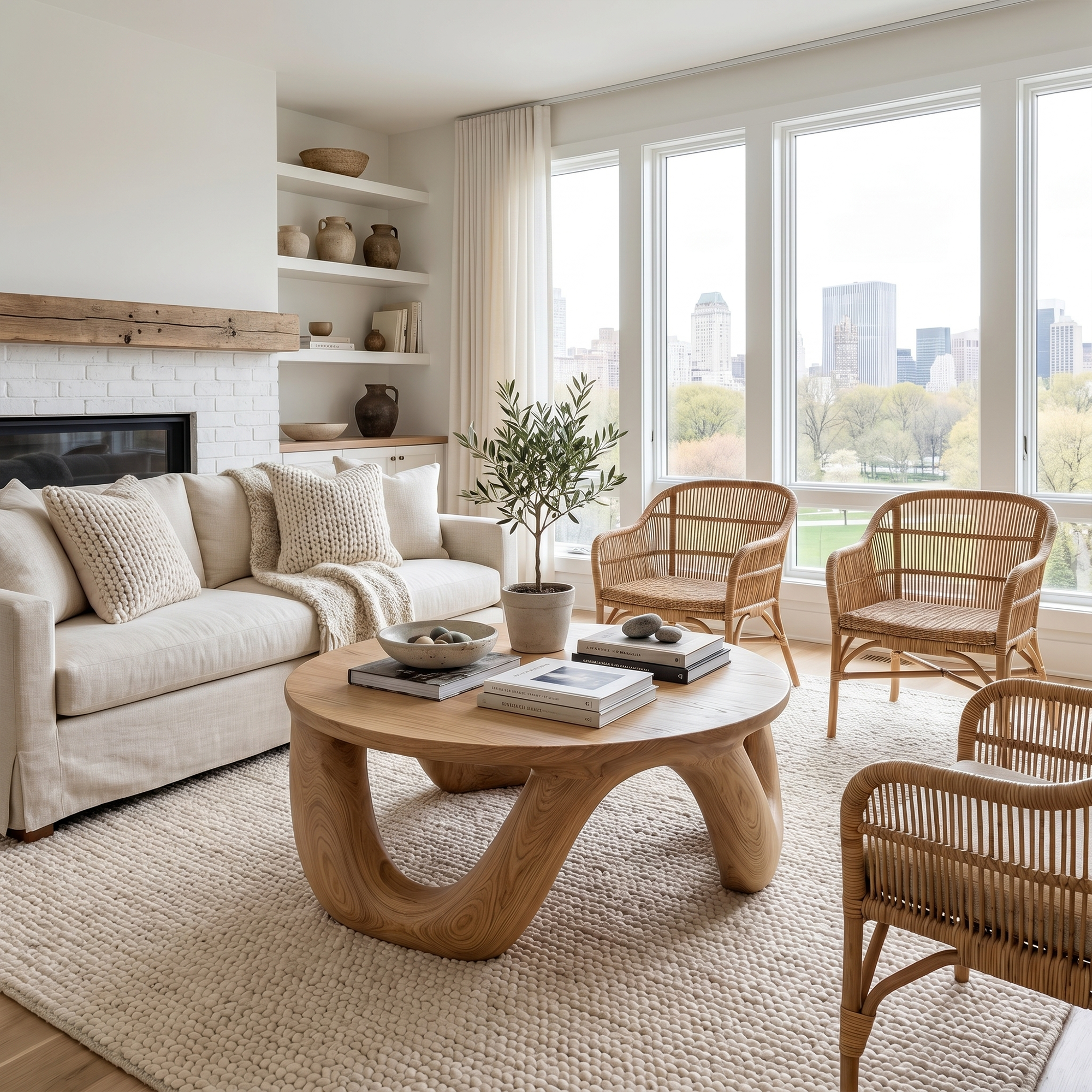Modern Coffee Table With Round Solid Wood Top And Artistic Sculptural Base For Living Room