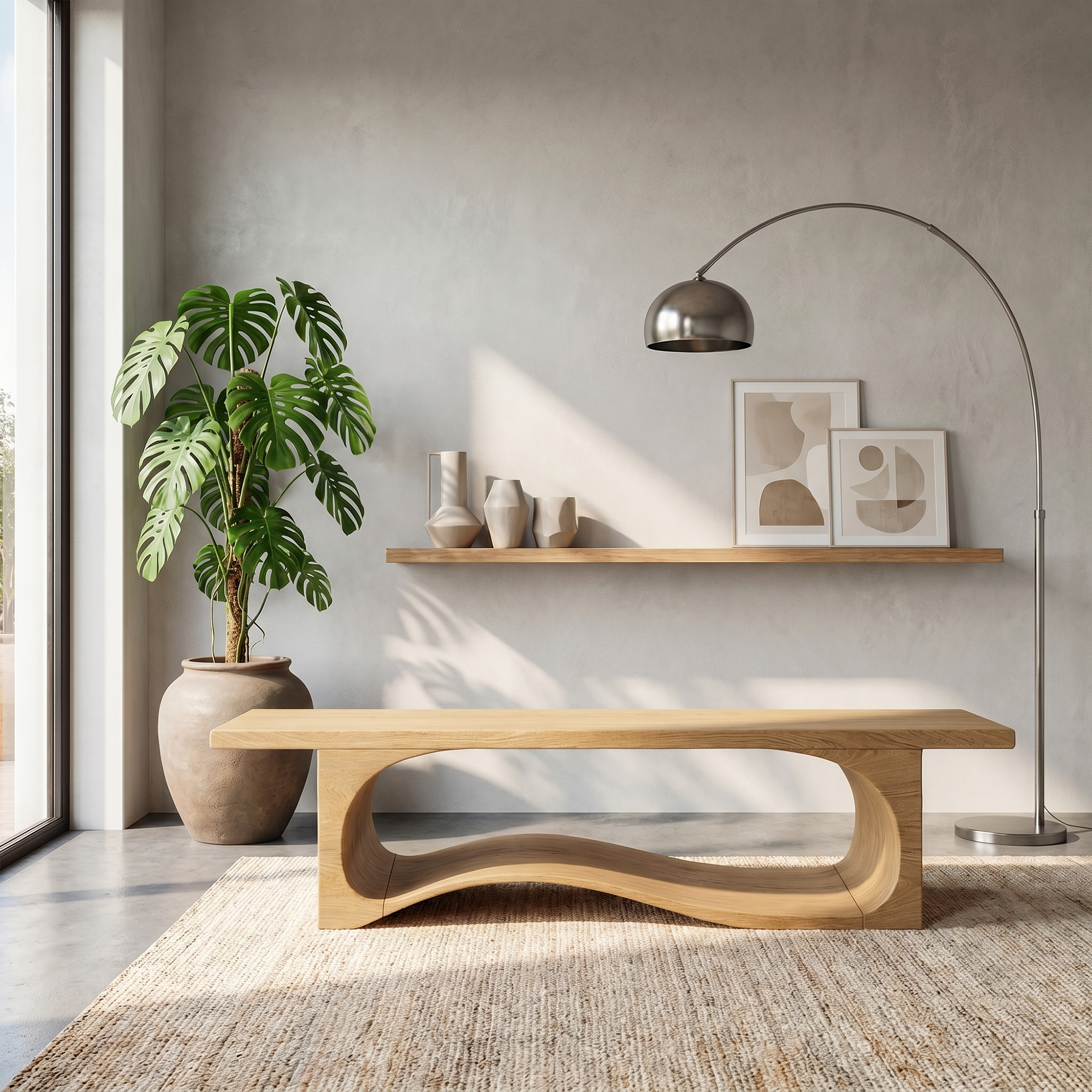 Sculptural Bench With Wave Design For Entryway