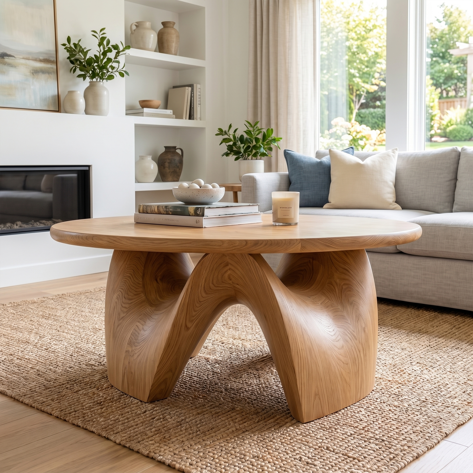 Rustic Coffee Table With Sculptural Solid Wood Base And Round Live Edge Top For Living Room