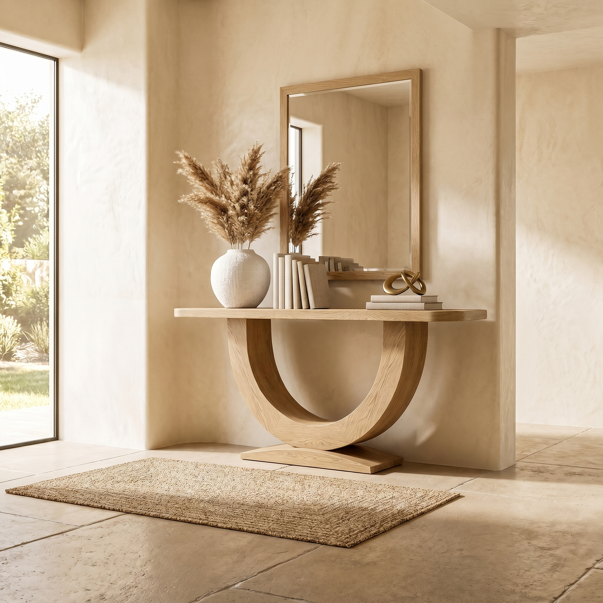 Contemporary Organic Console Table With U Shape Pedestal Base For Entryway And Living Room