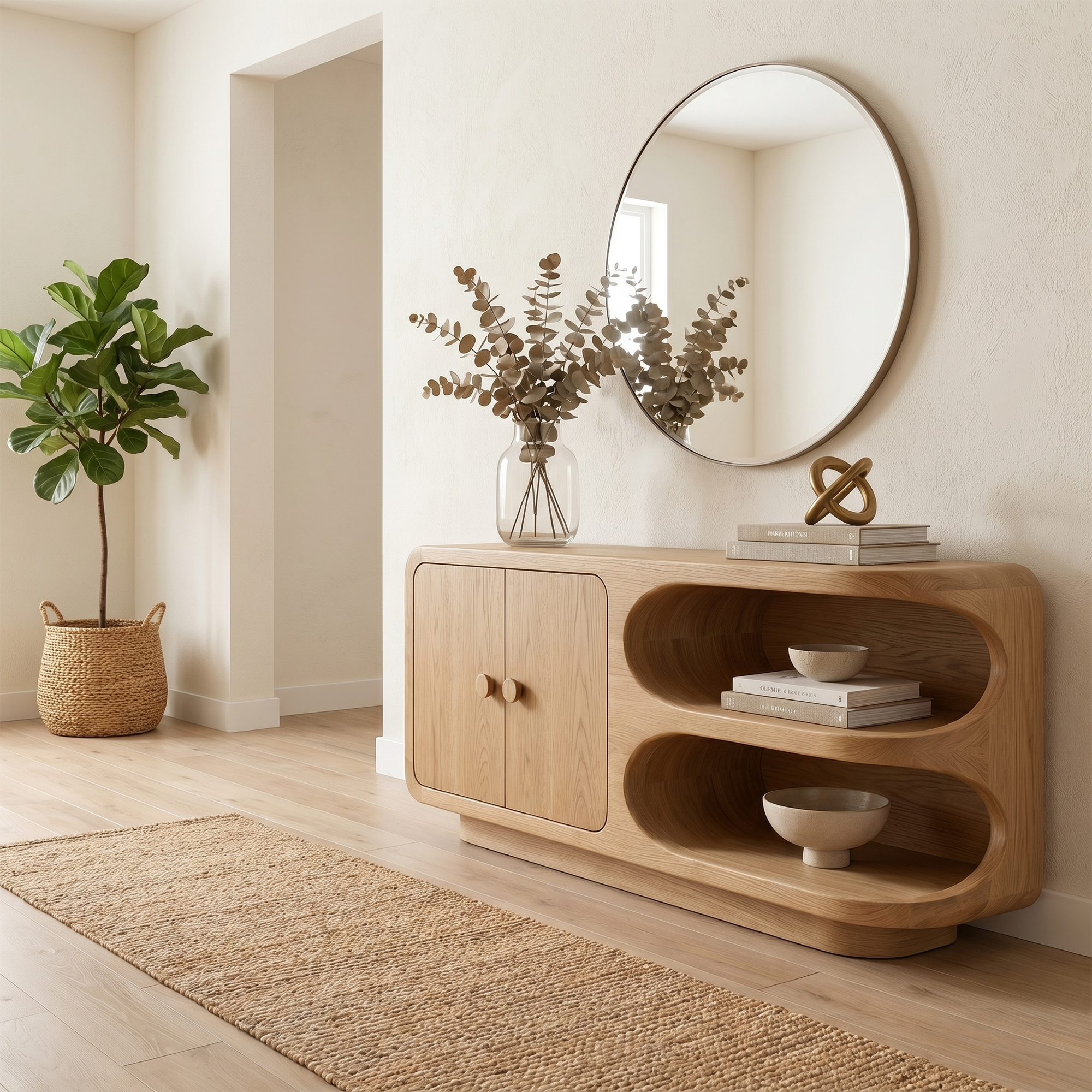 Organic Sideboard With Rounded Solid Wood Frame And Open Display Shelves For Living Room