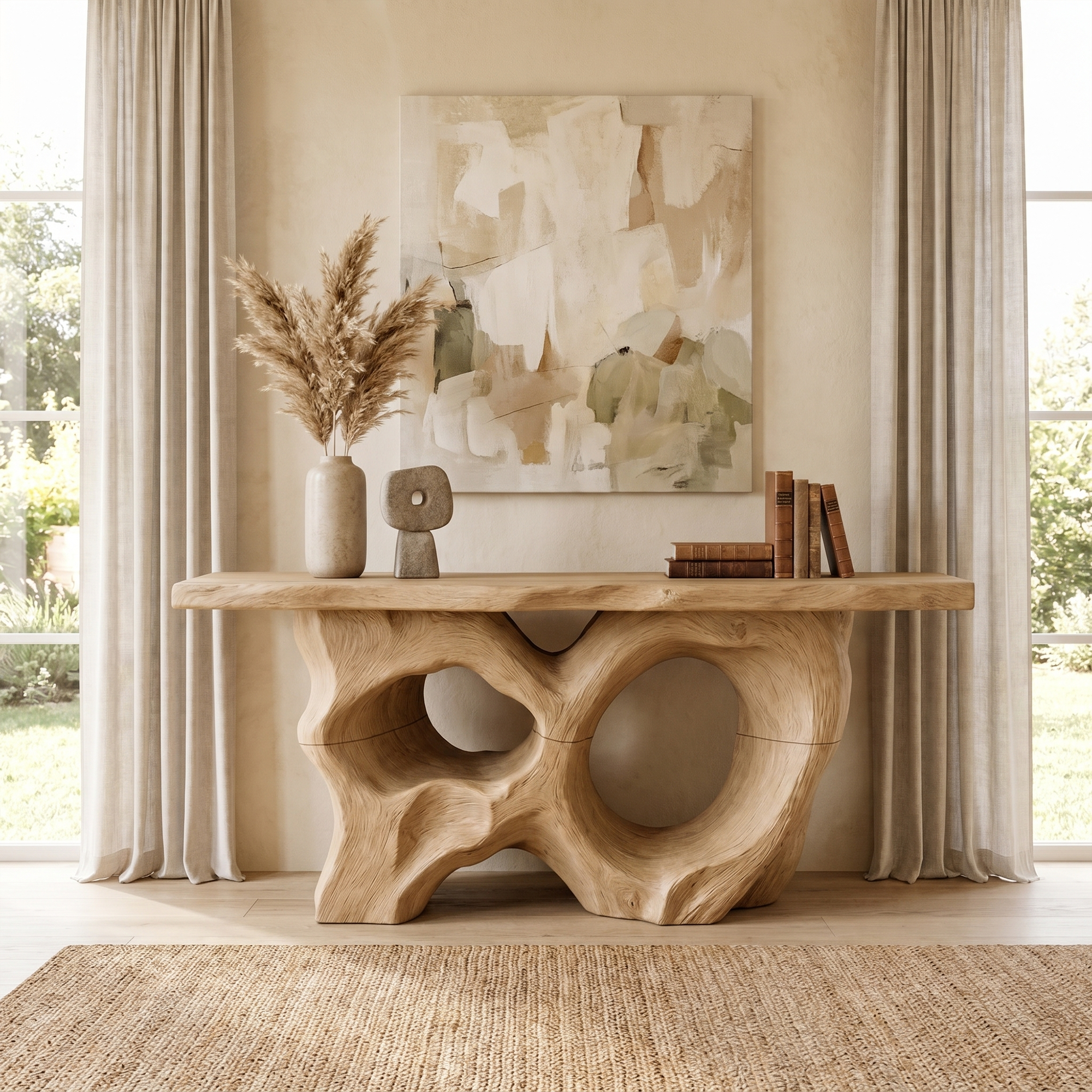 Modern Console Table With Sculptural Asymmetrical Wood Base  For Living Room