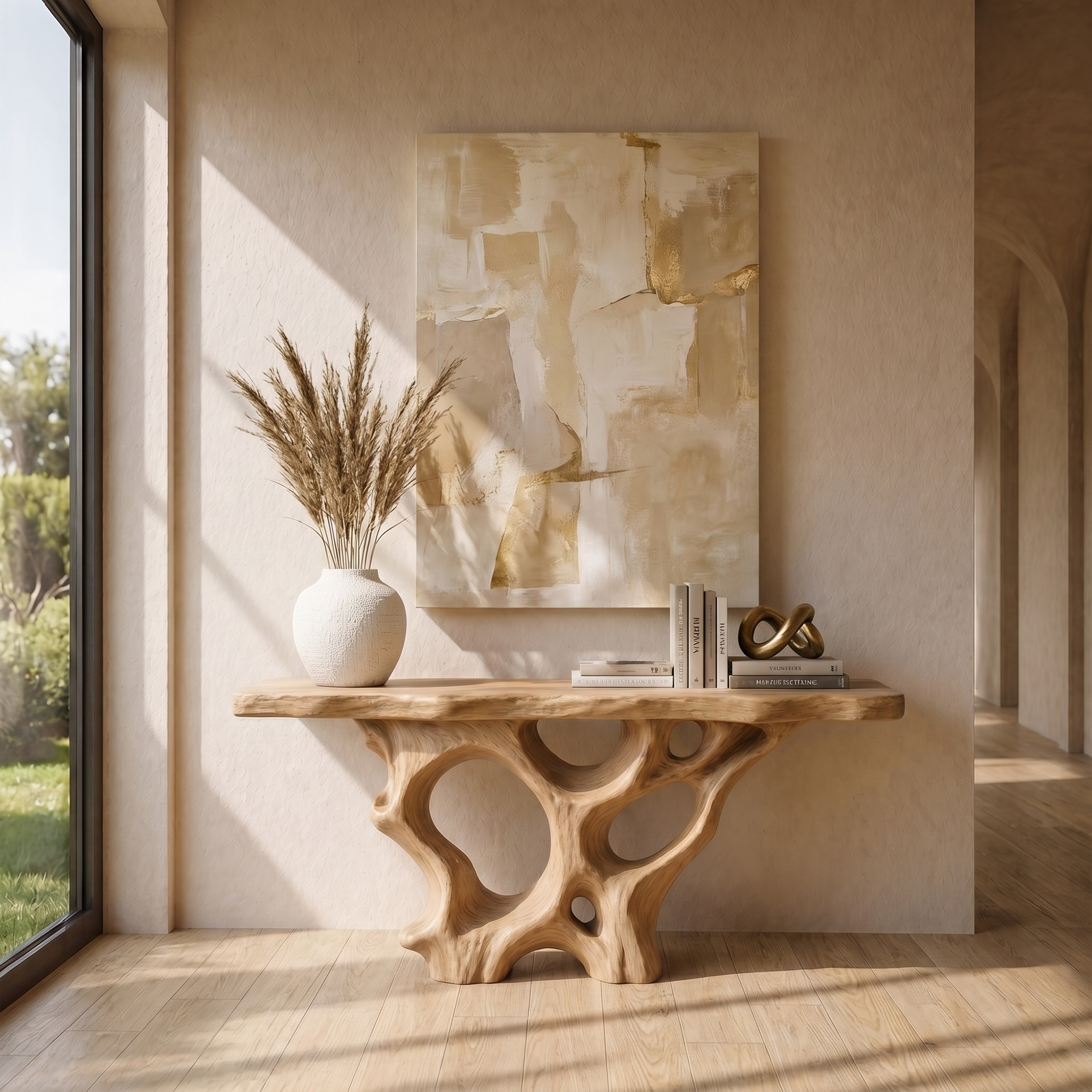 Organic Unique Console Table With Sculptural Natural Wood Base For Living Room