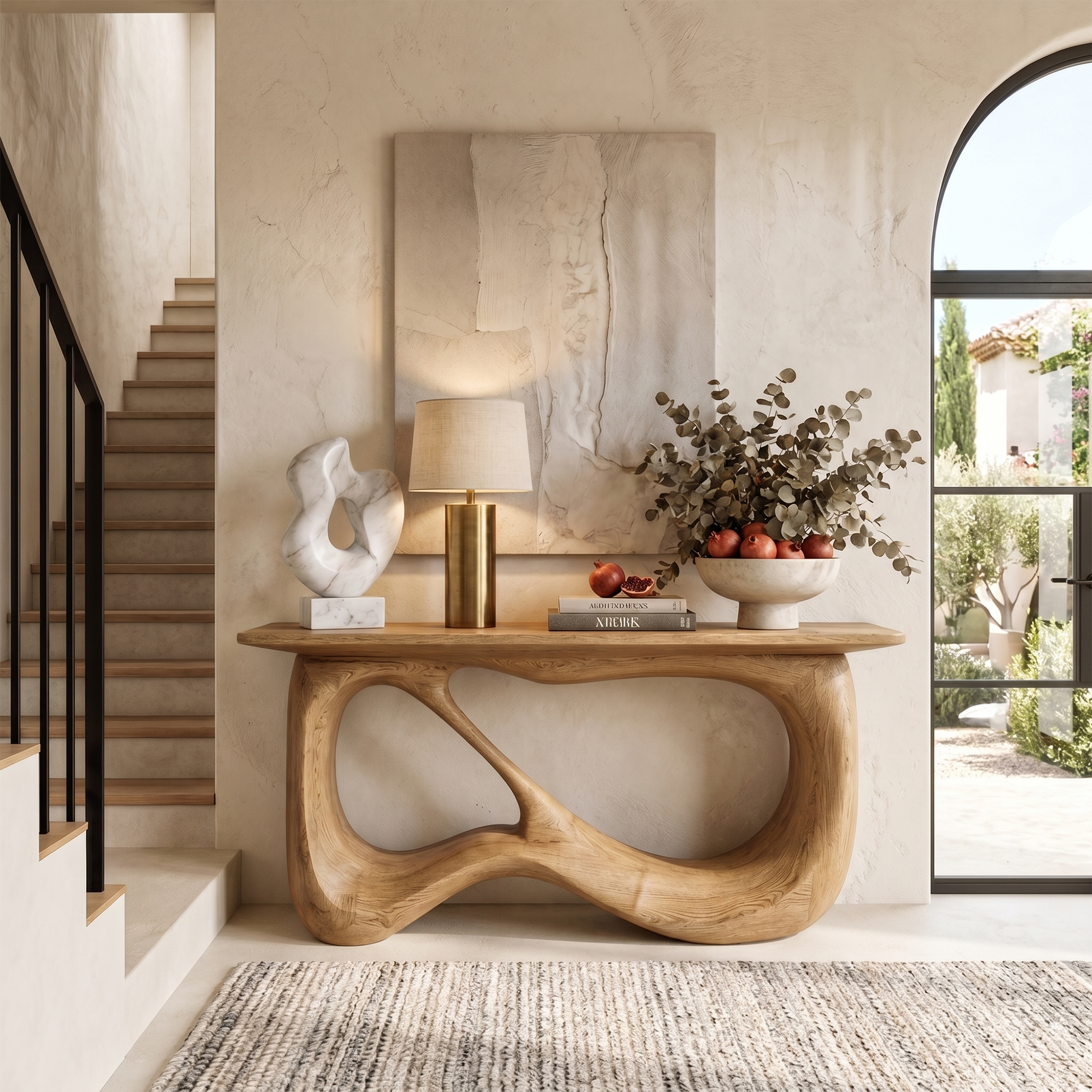 Minimalist Console Table With Flowing Loop Wood Base For Entryway
