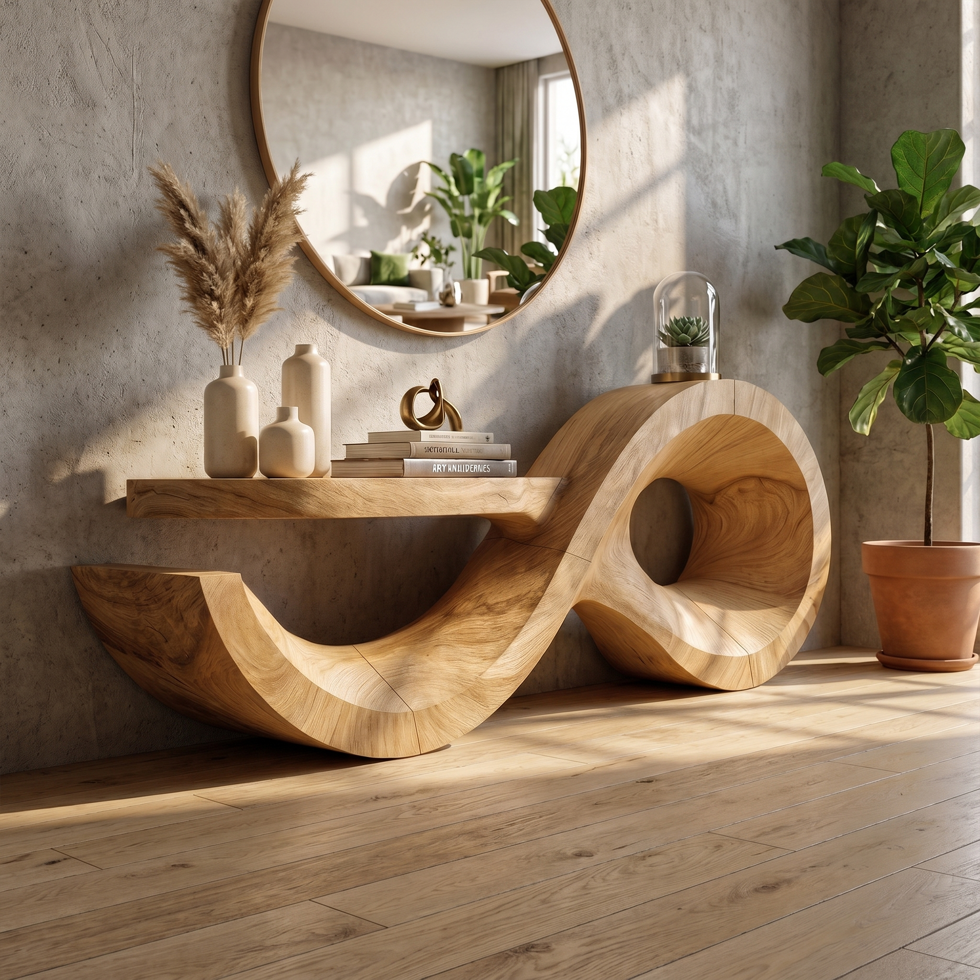 Contemporary Console Table With Sculptural Wave Wood Base And Solid Wood Top For Living Room