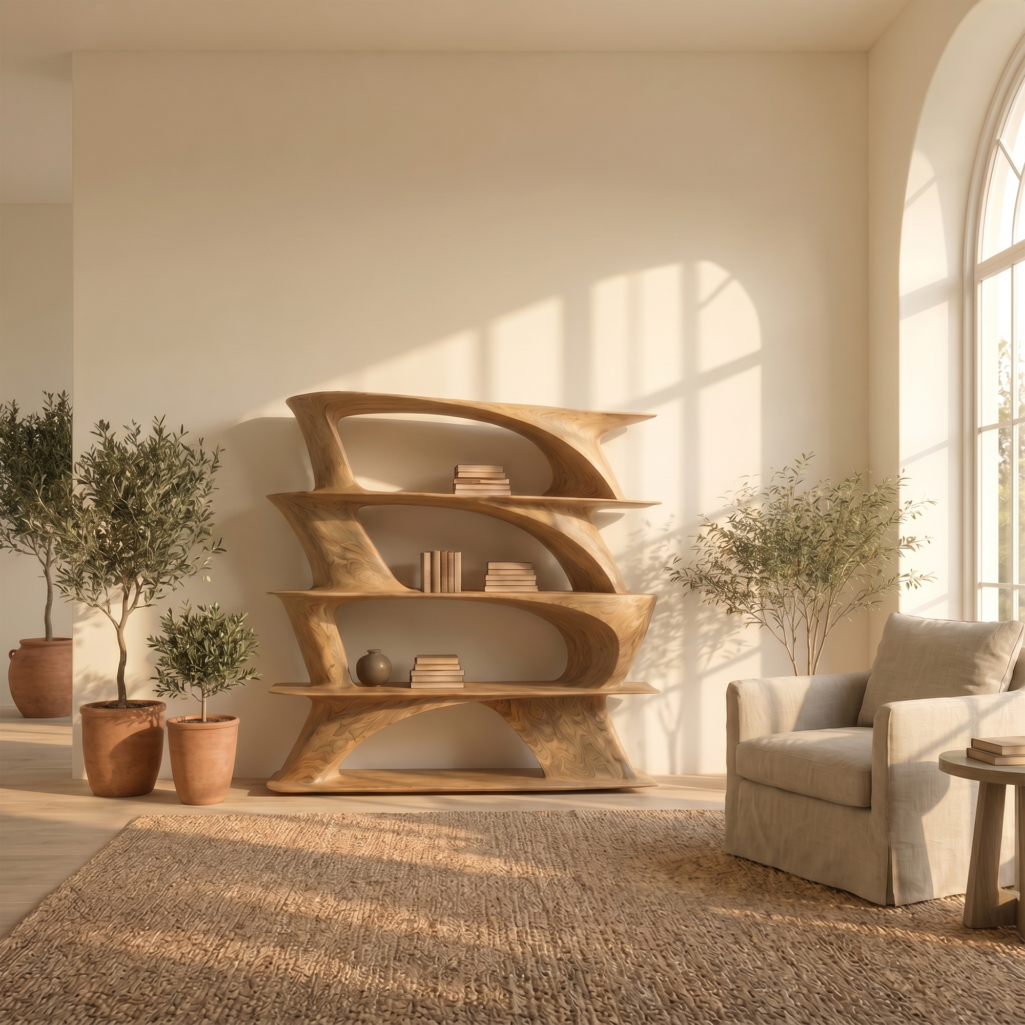 Organic Sculptural Bookshelf With Asymmetrical Open Shelves For Living Room