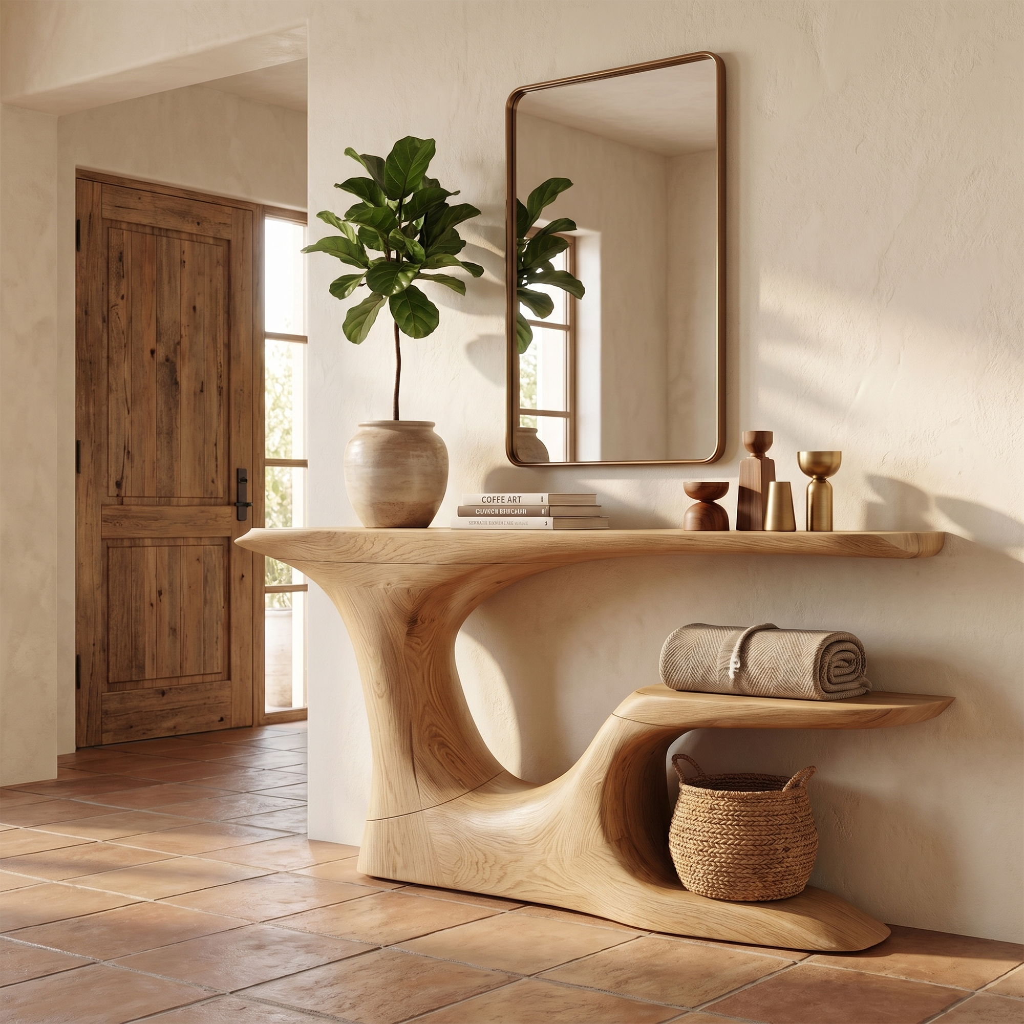 Rustic Organic Console Table With Live Edge Top And Sculptural Solid Wood Base For Entryway
