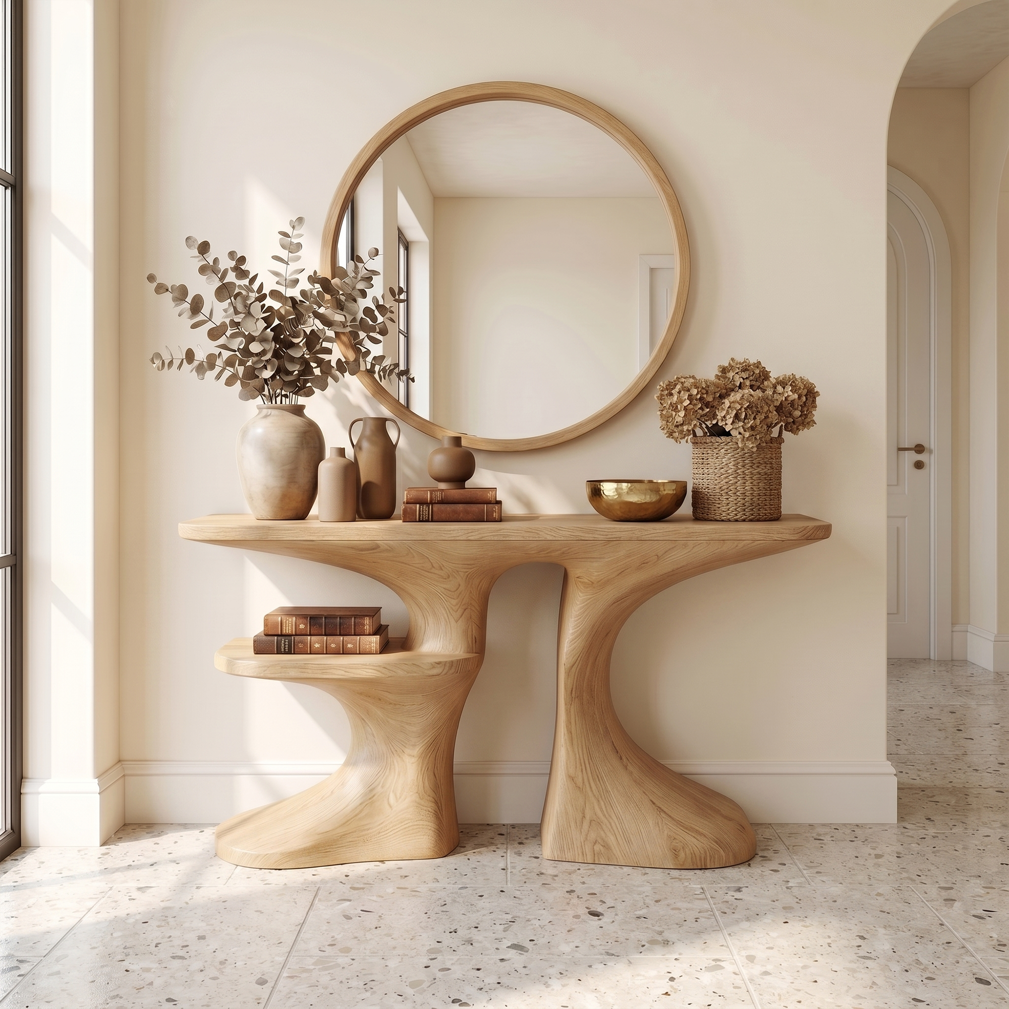 Organic Console Table With Live Edge Countertop And Sculptural Solid Wood Base For Entryway