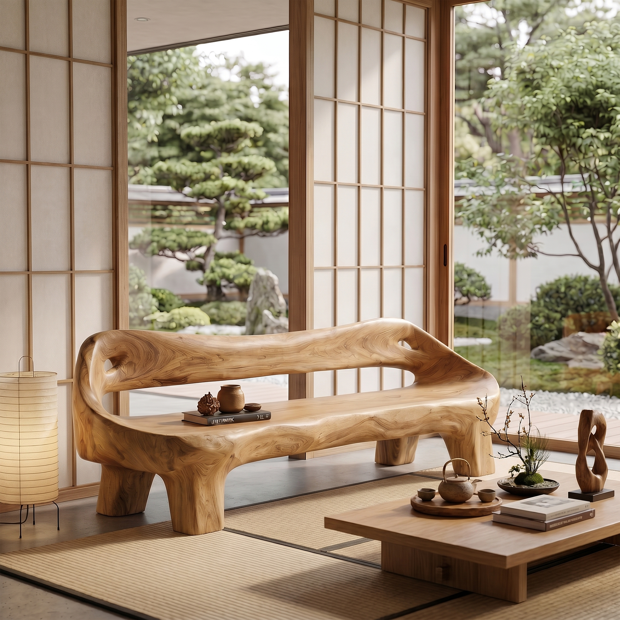 Organic Sculptural Sofa Frame With Curved Solid Wood Design For Living Room