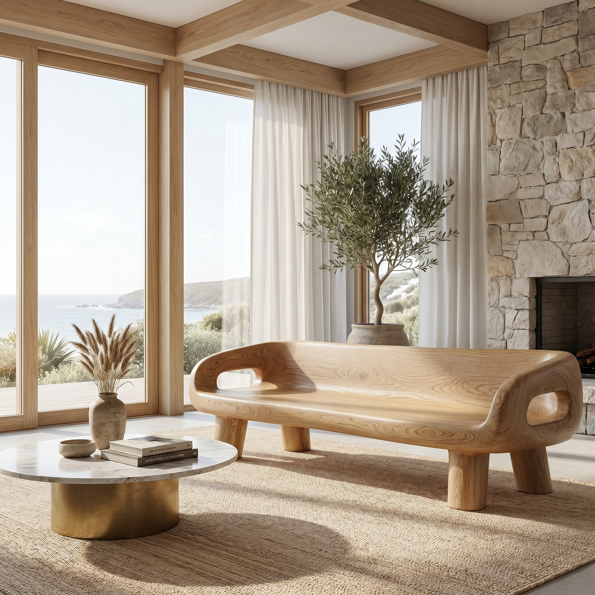 Modern Organic Sofa Frame With Curved Solid Wood Design And Integrated Side Table For Living Room