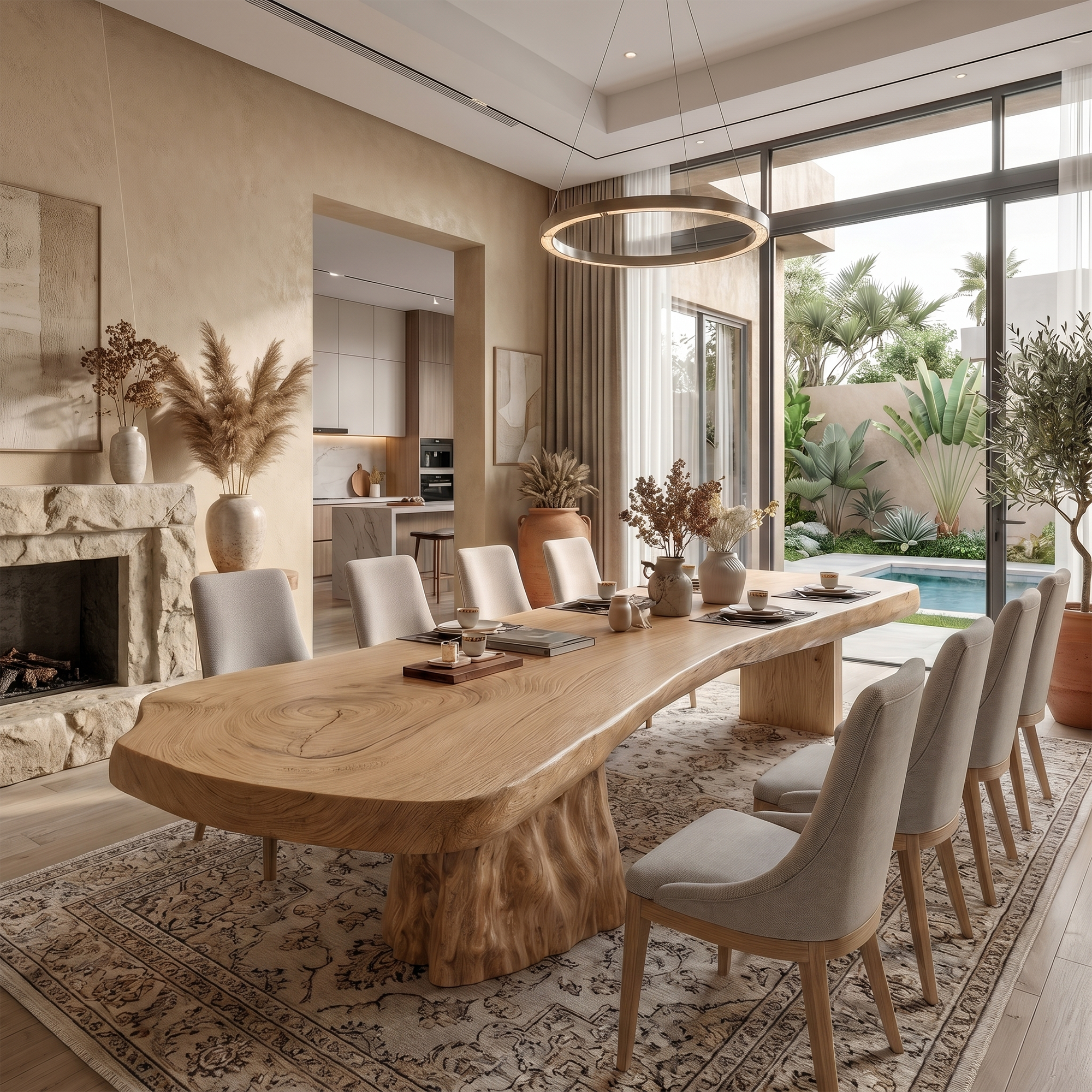 Organic Sculptural Dining Table With Live Edge Solid Wood Top And Pedestal Base For Dining Room