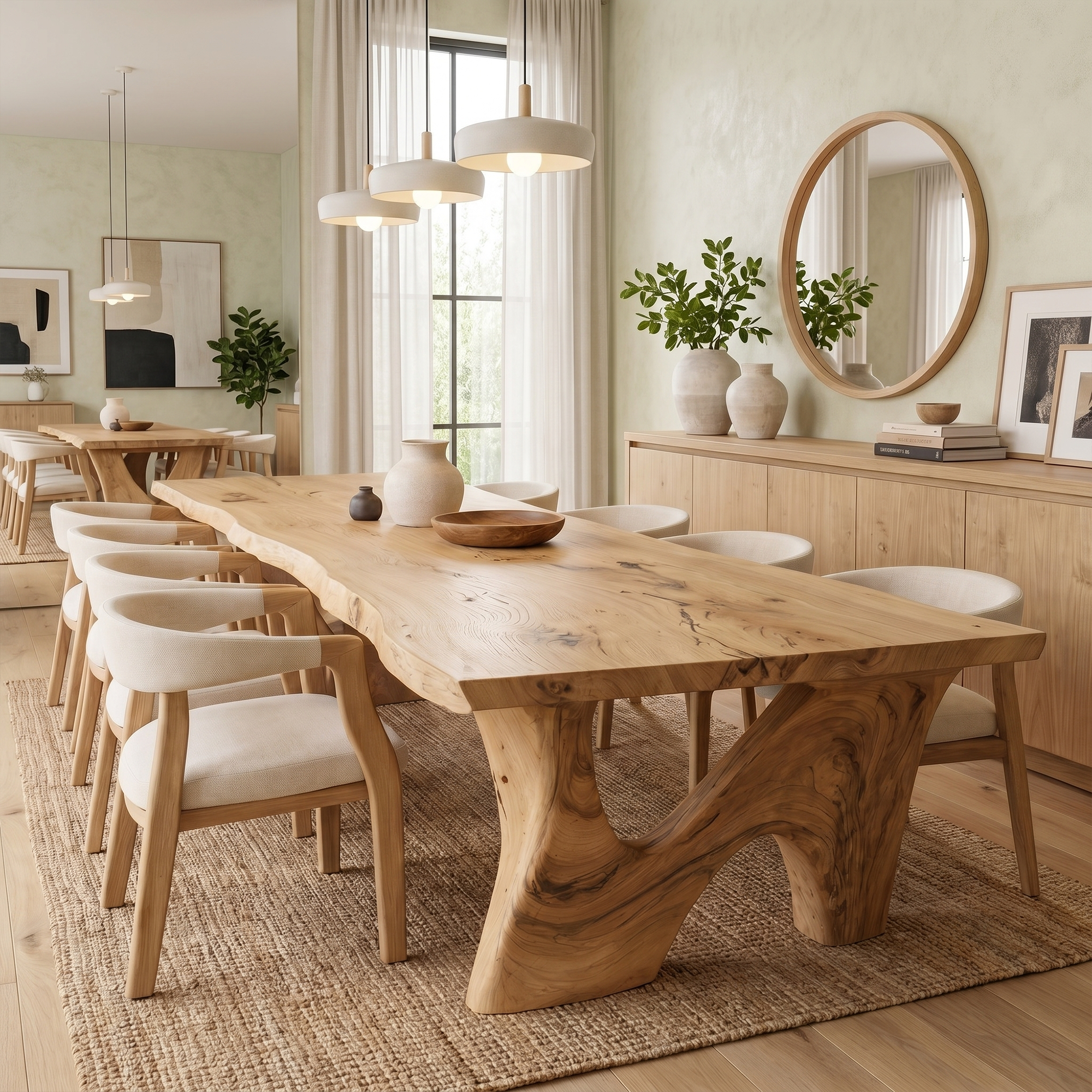 Rustic Modern Dining Table With Solid Wood Top And Sculptural Curved Base For Dining Room