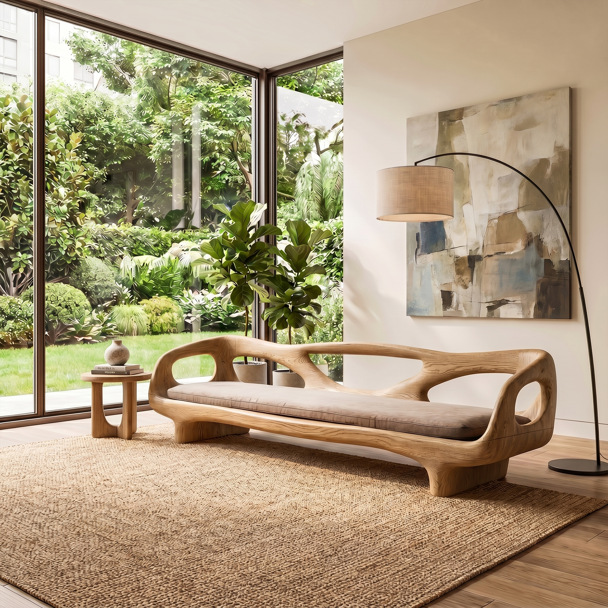 Organic Sculptural Sofa Frame With Curved Open Arm Design For Living Room