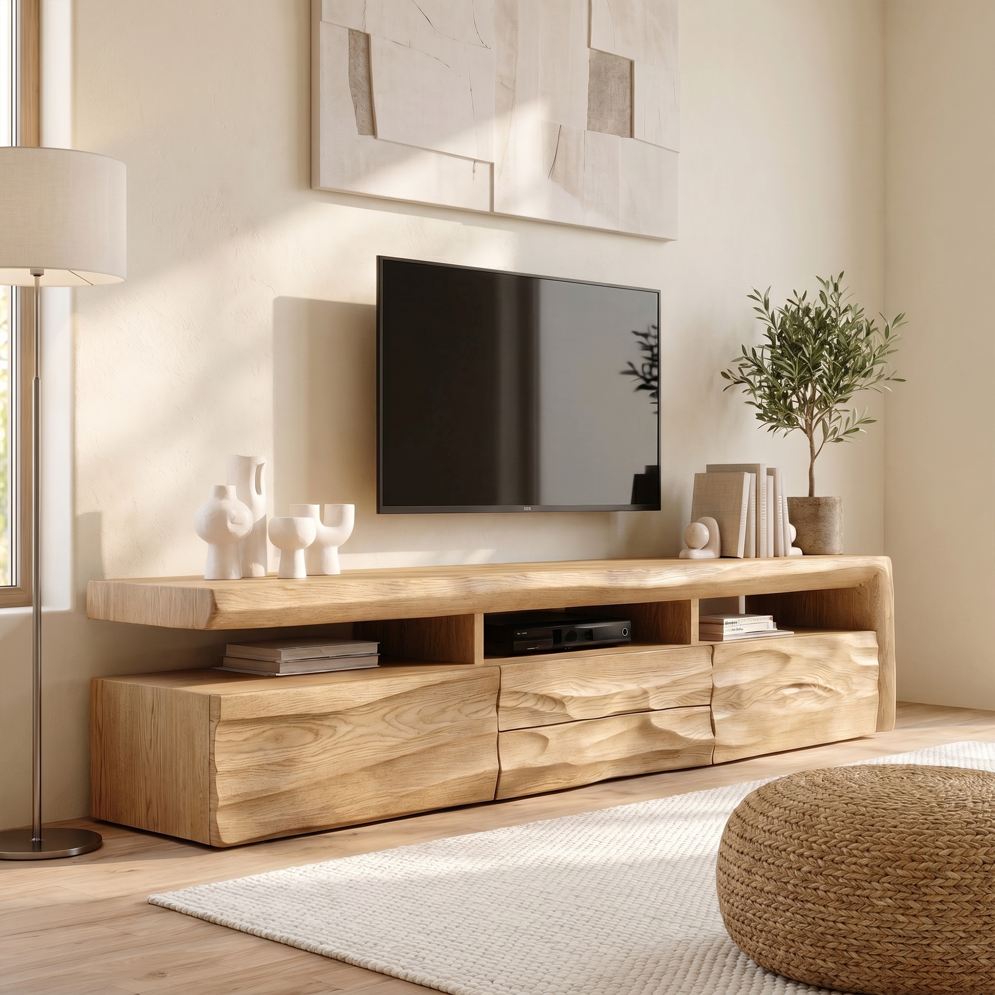 Organic TV Cabinet With Hand Carved Solid Wood Front And Open Media Storage For Living Room