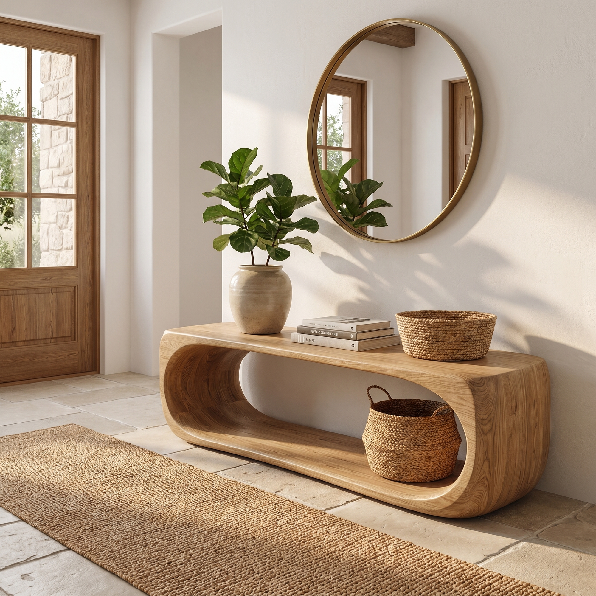 Organic Bench With Sculptural Curved Base And Open Storage Shelf For Entryway