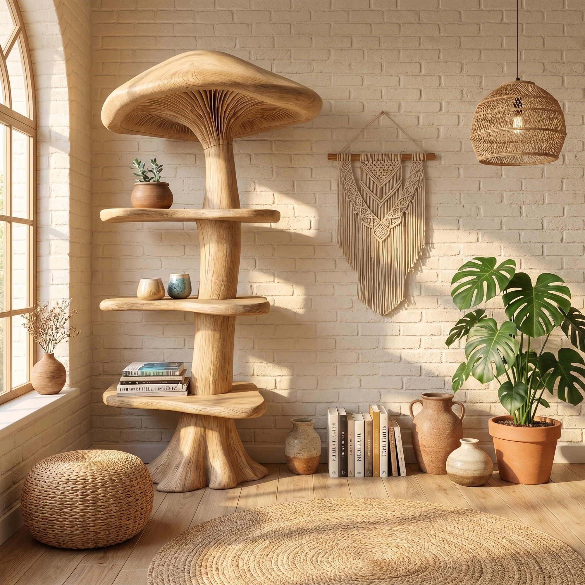 Organic Mushroom Bookshelf With Handcrafted Solid Wood Shelves For Living Room