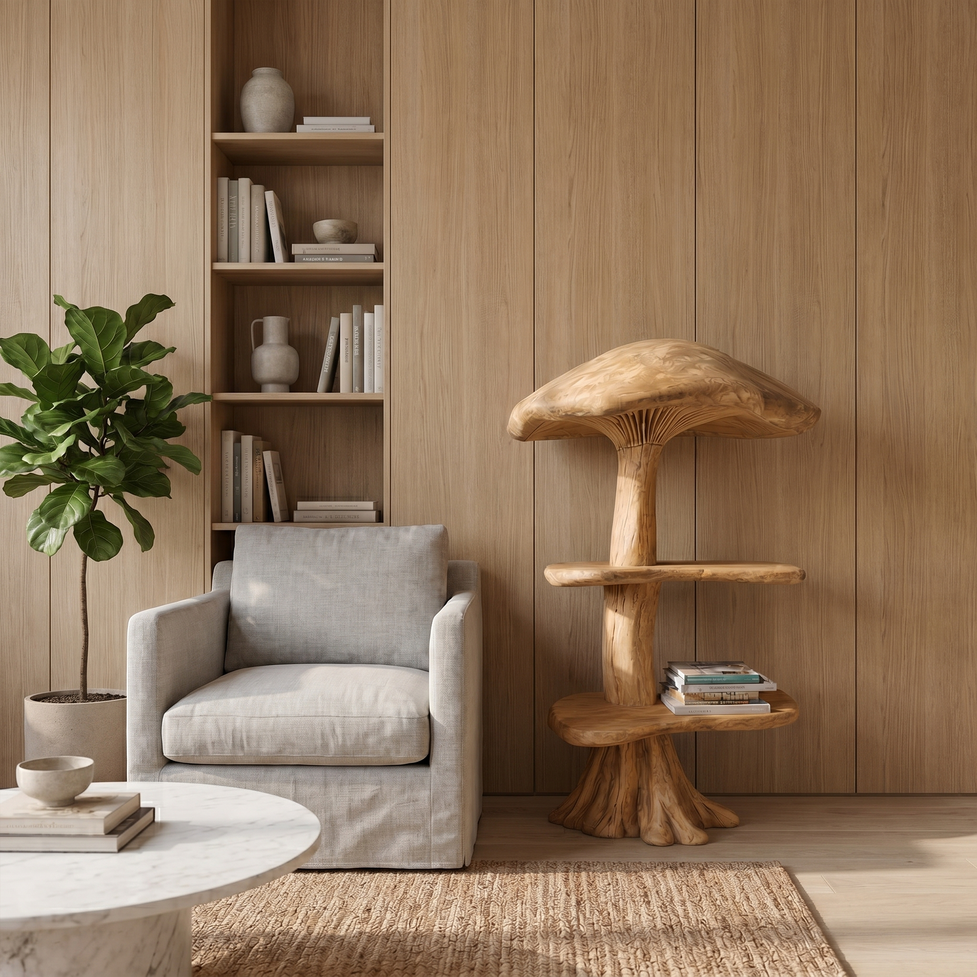 Organic Mushroom Display Bookshelf With Solid Wood Shelving For Living Room