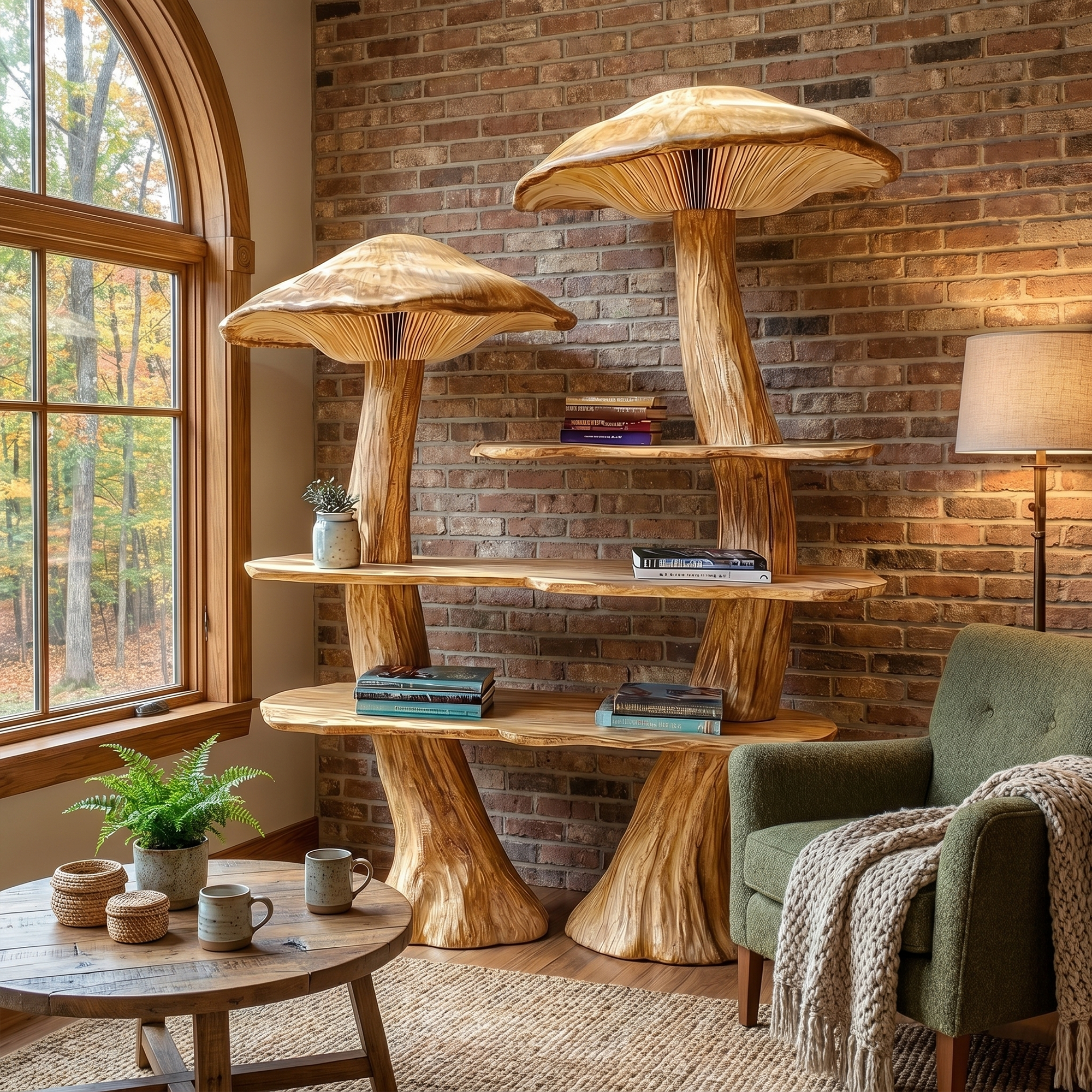 Rustic Mushroom Bookshelf With Tree Trunk Base And Solid Wood Shelves For Living Room